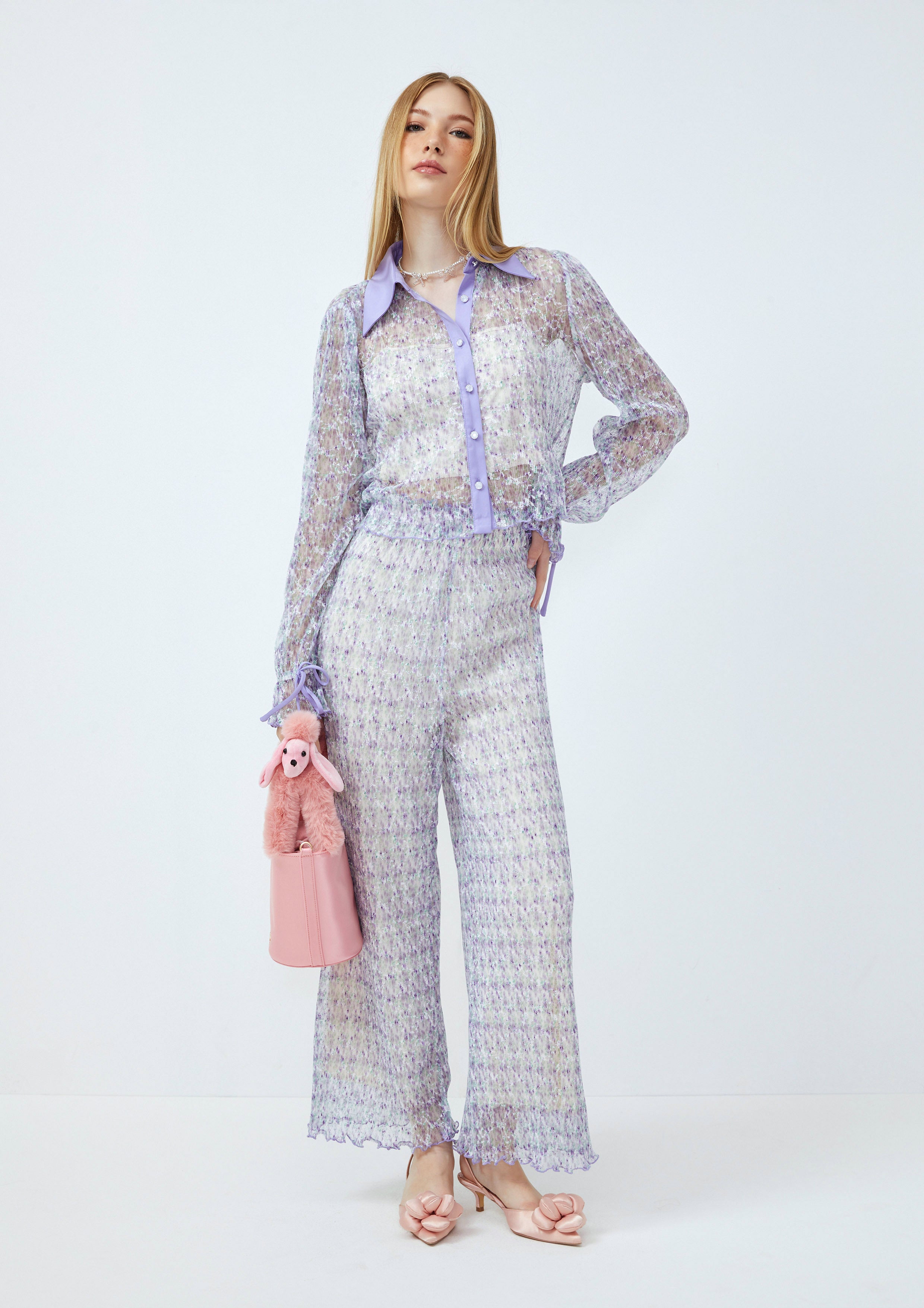 Azure Aster Blue Relaxed Floral Sheer Trousers Lost In Museum Collection