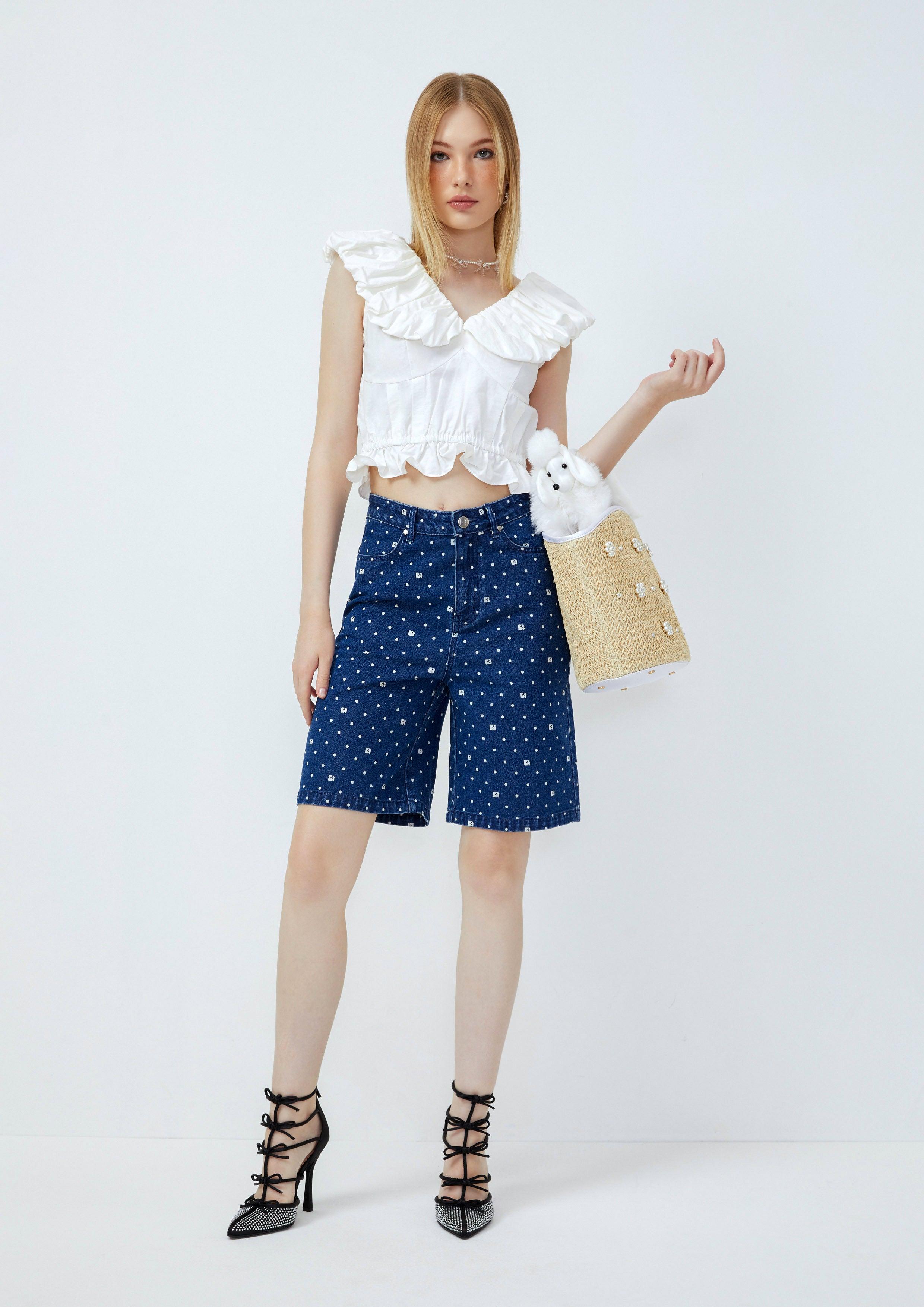 Lost in Museum Polka-Dot Sparkle Monogram Short Jeans Blue