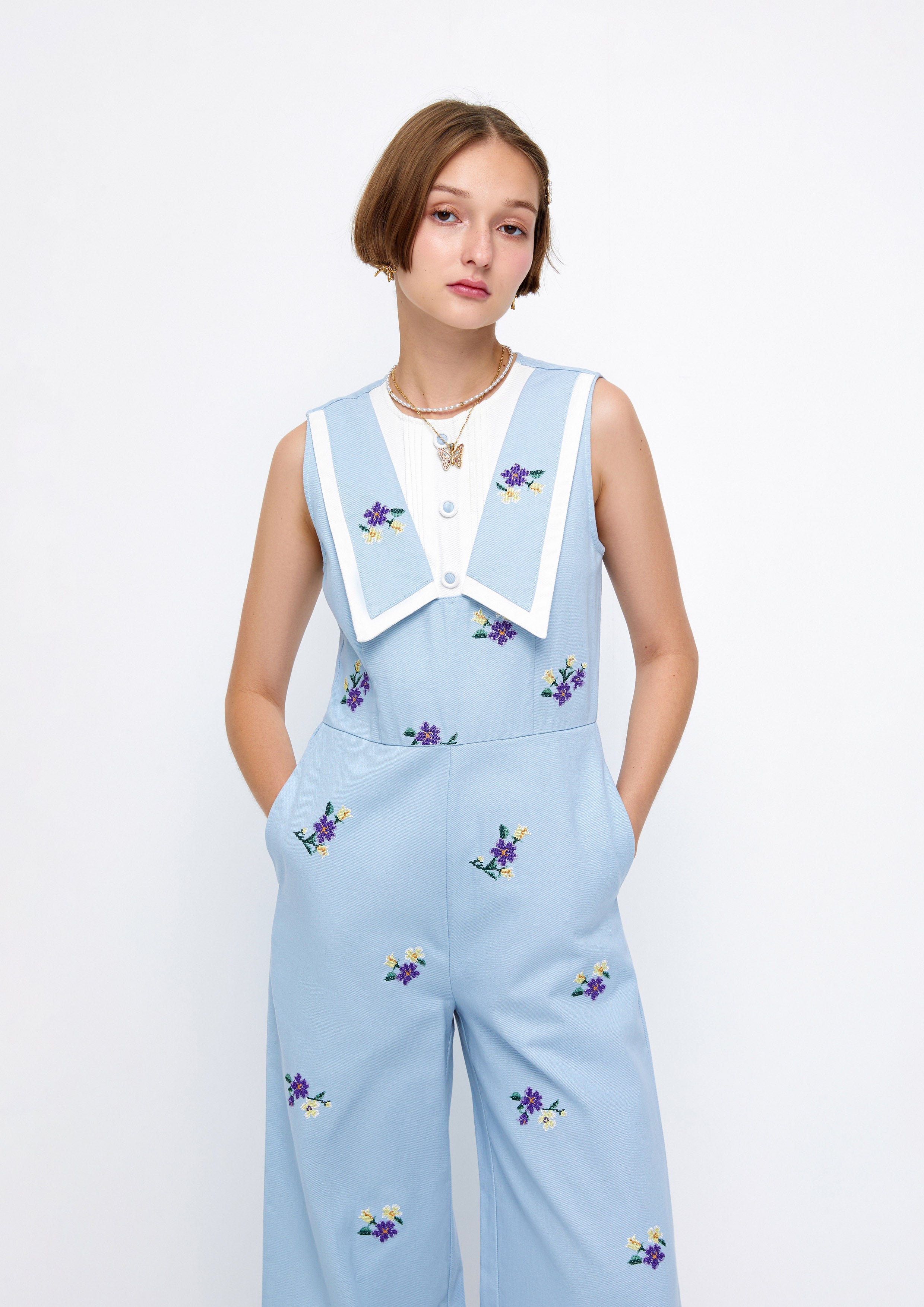 Floral Embroidery Sleveeless Jumpsuit Lost In Museum Collection