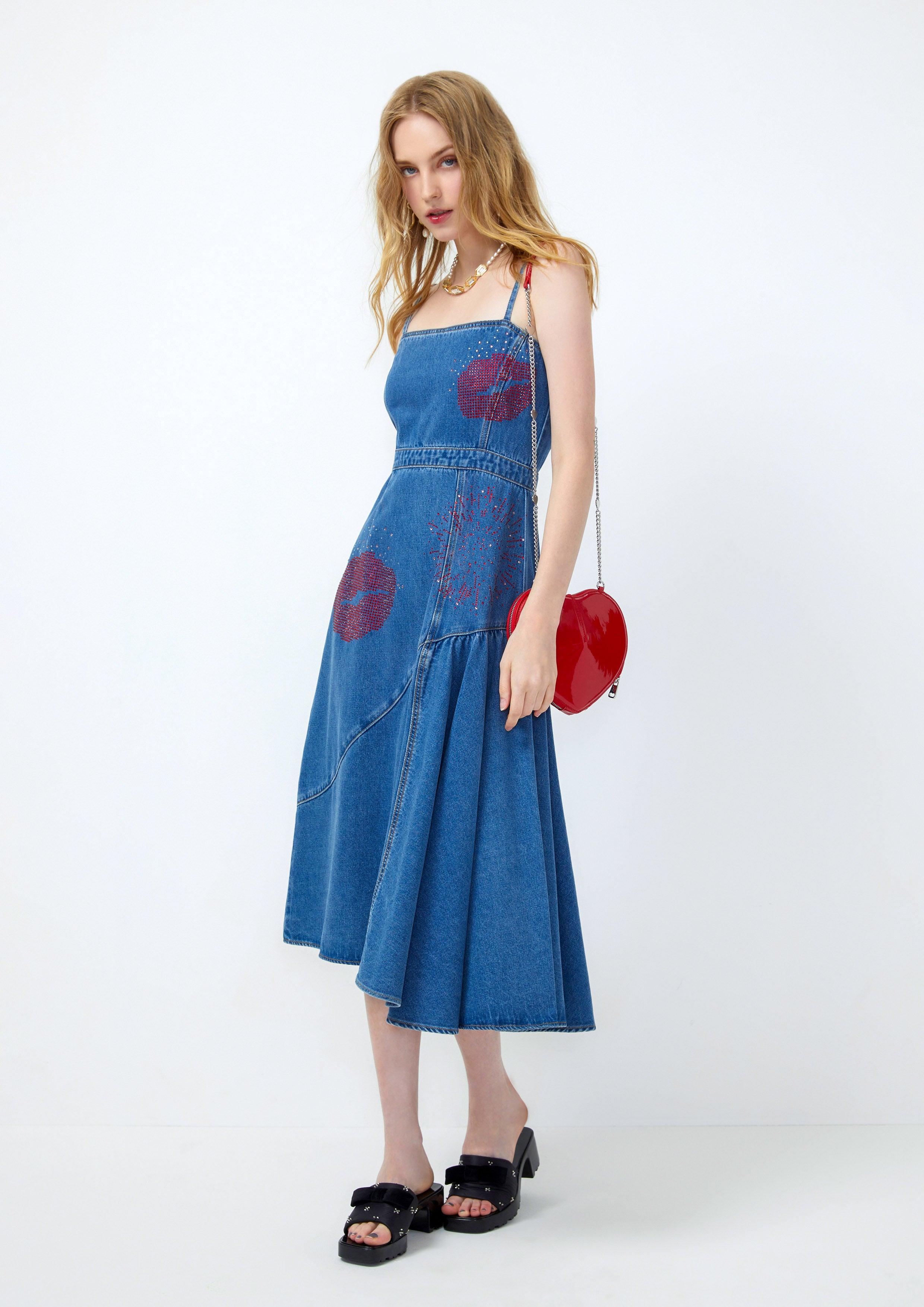 Lost in Museum  Crystal Embellished Denim Dress Blue