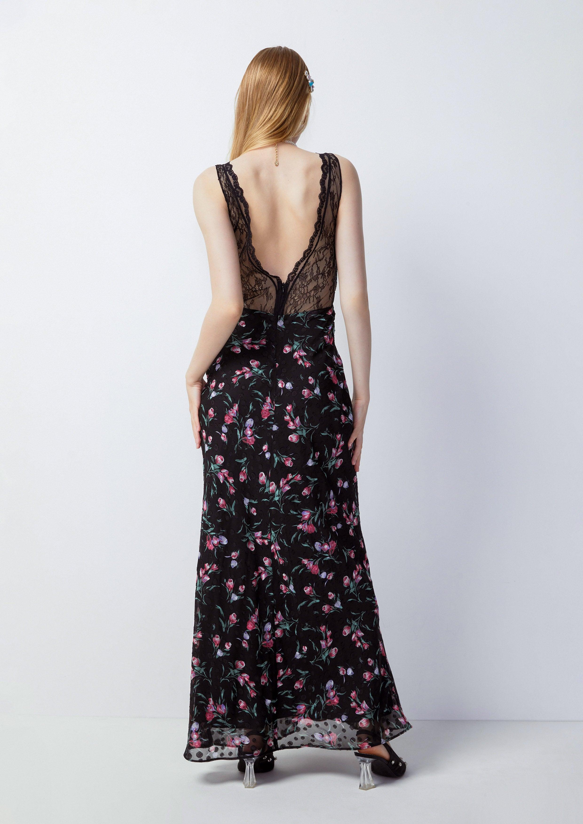 Femme Power Lace Floral Maxi Dress Black