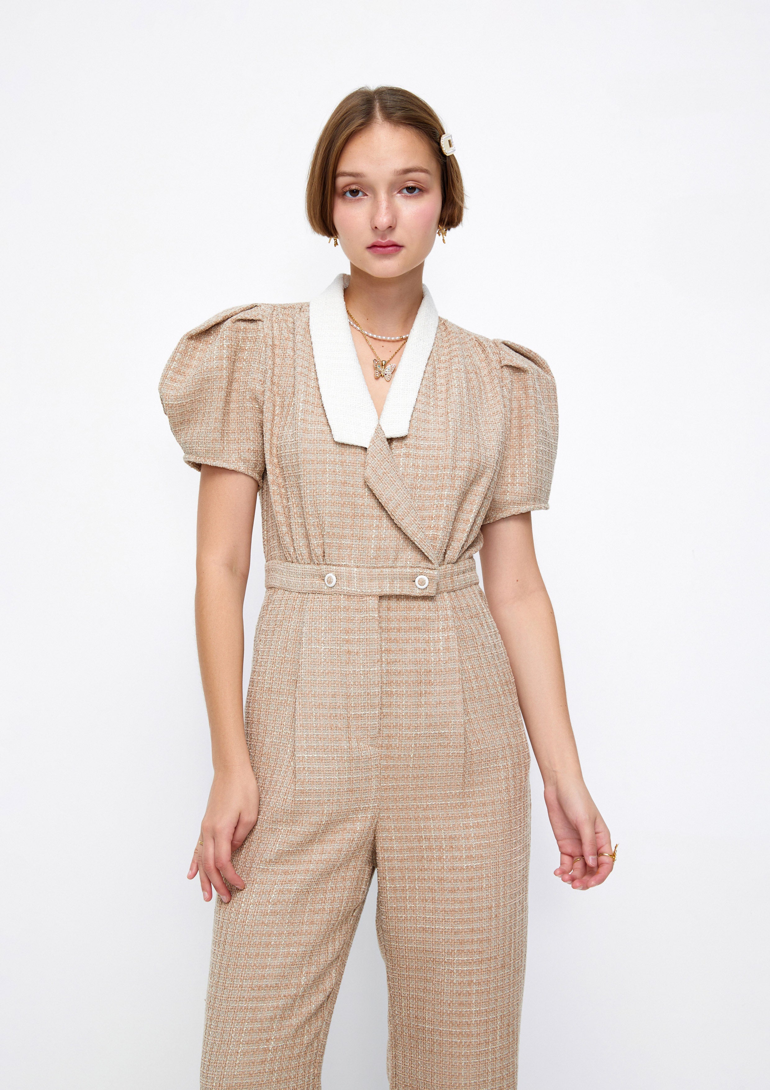 Short Puffed Sleeve Tweed Jumpsuit Lost In Museum Collection