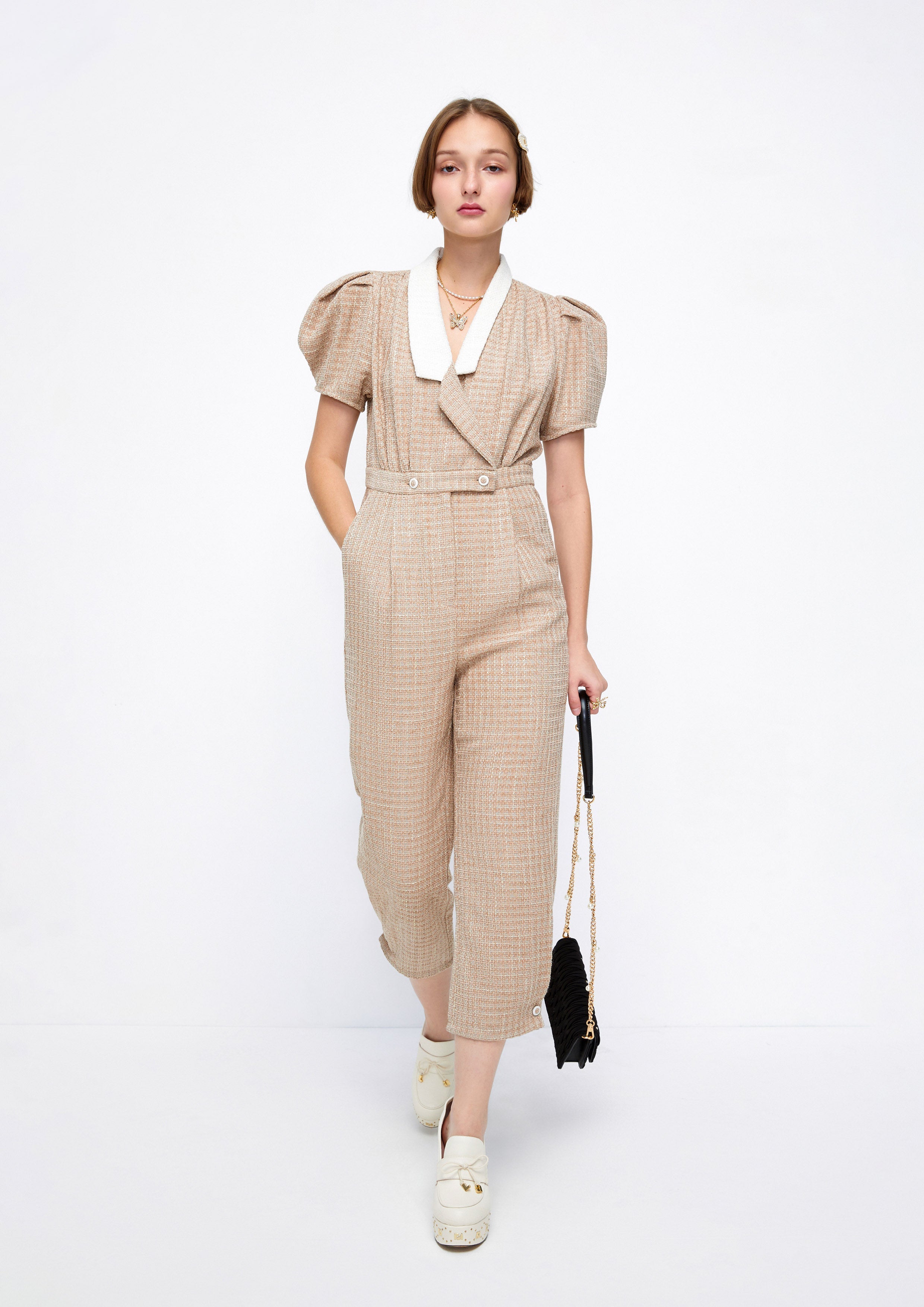 Short Puffed Sleeve Tweed Jumpsuit Lost In Museum Collection