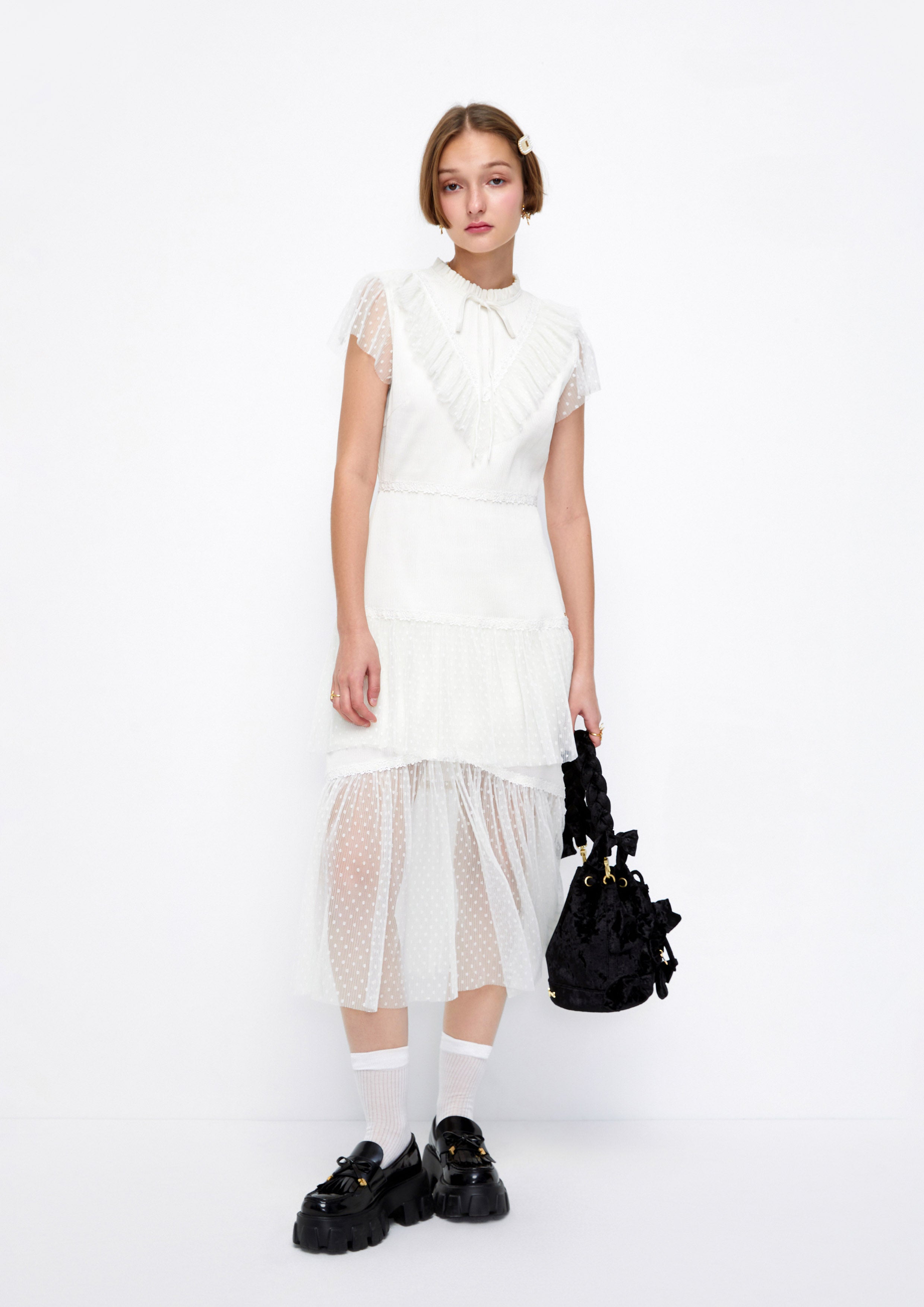 Ruffle Lace Sheer Polka-Dot Midi Dress Lost In Museum