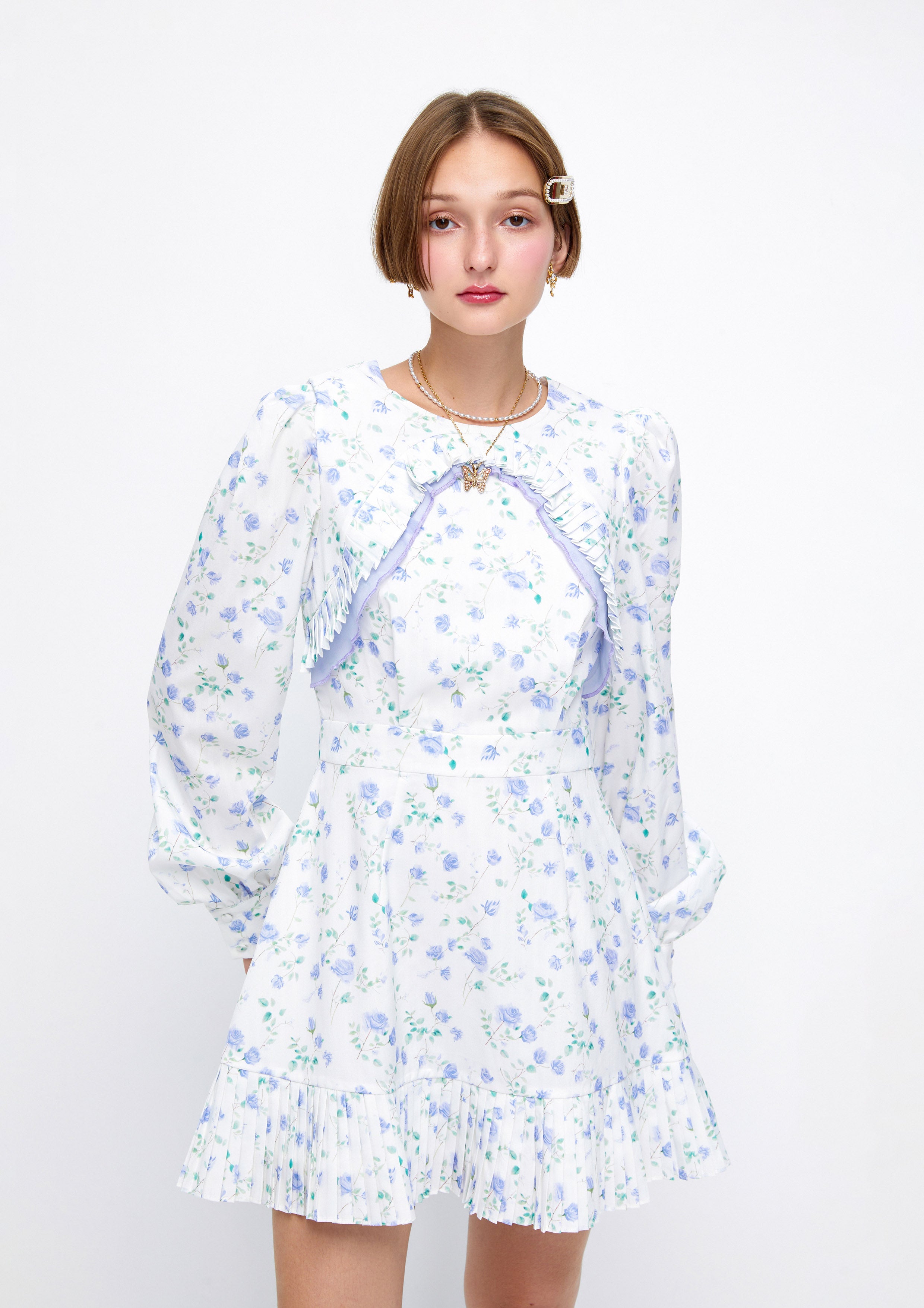 Floral Monogram Pleated Long Sleeve Mini Dress Lost In Museum Collection