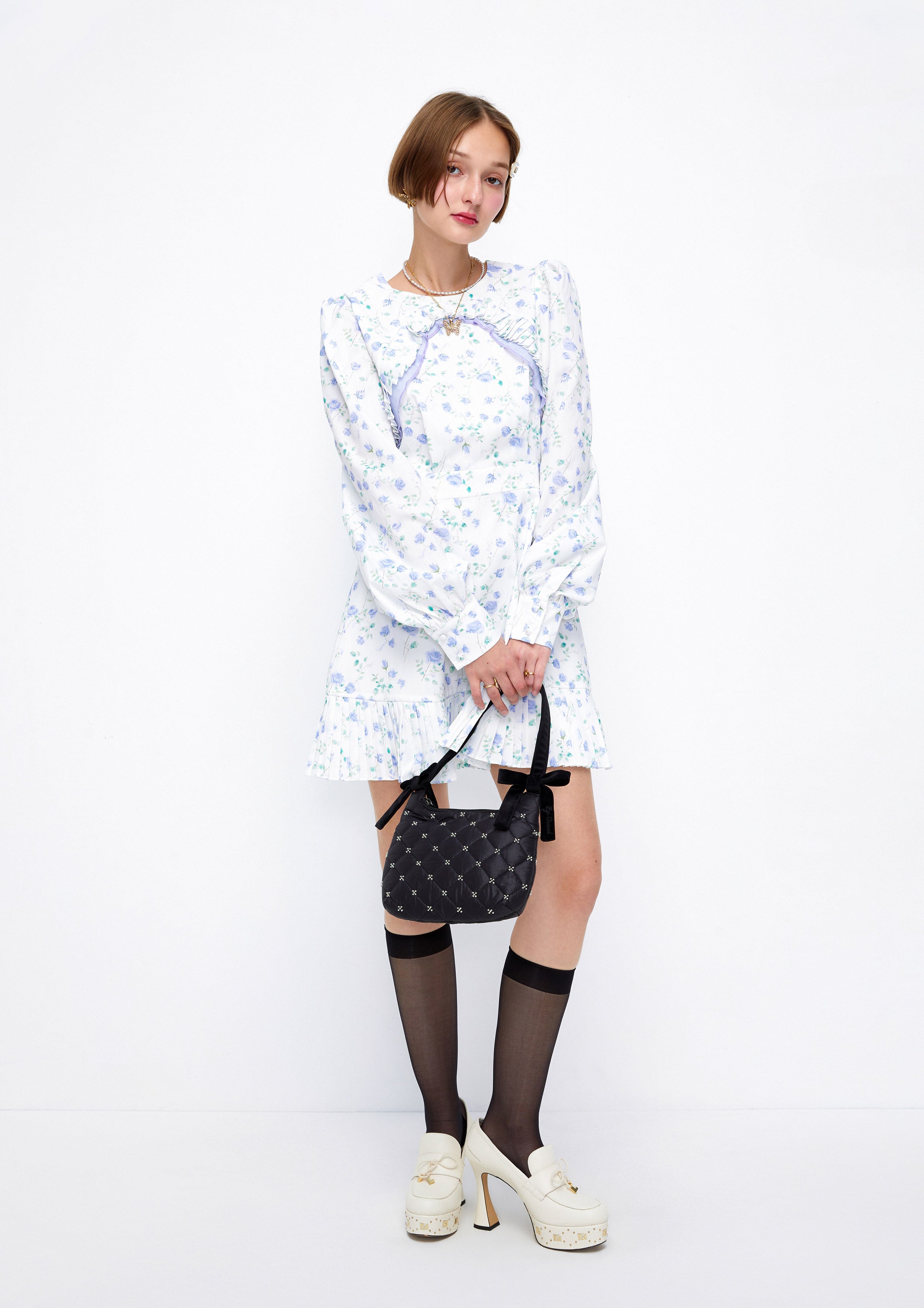 Floral Monogram Pleated Long Sleeve Mini Dress Lost In Museum Collection