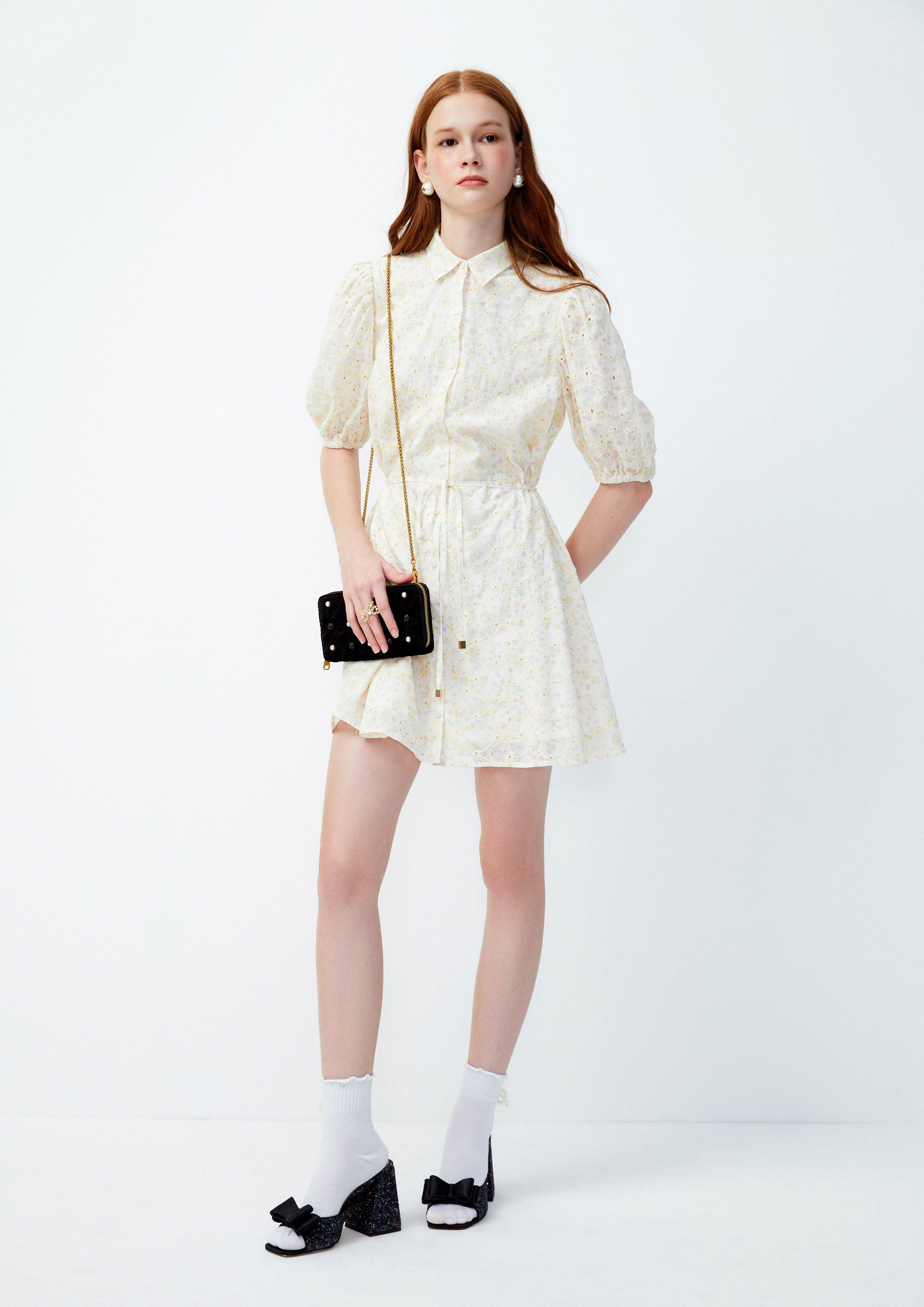 Lost in Museum Floral Field Puffed Sleeves Shirt Dress Cream