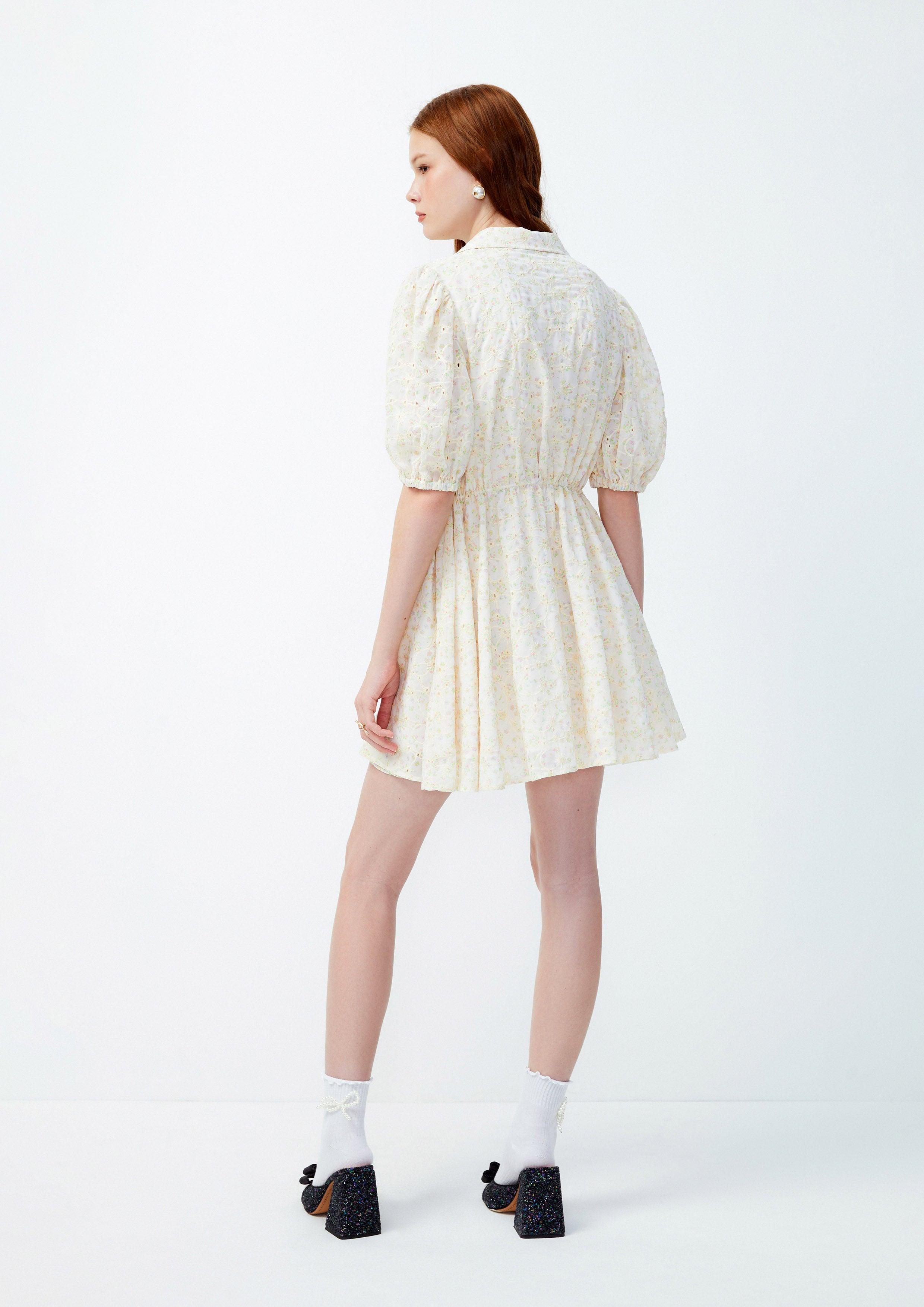 Lost in Museum Floral Field Puffed Sleeves Shirt Dress Cream