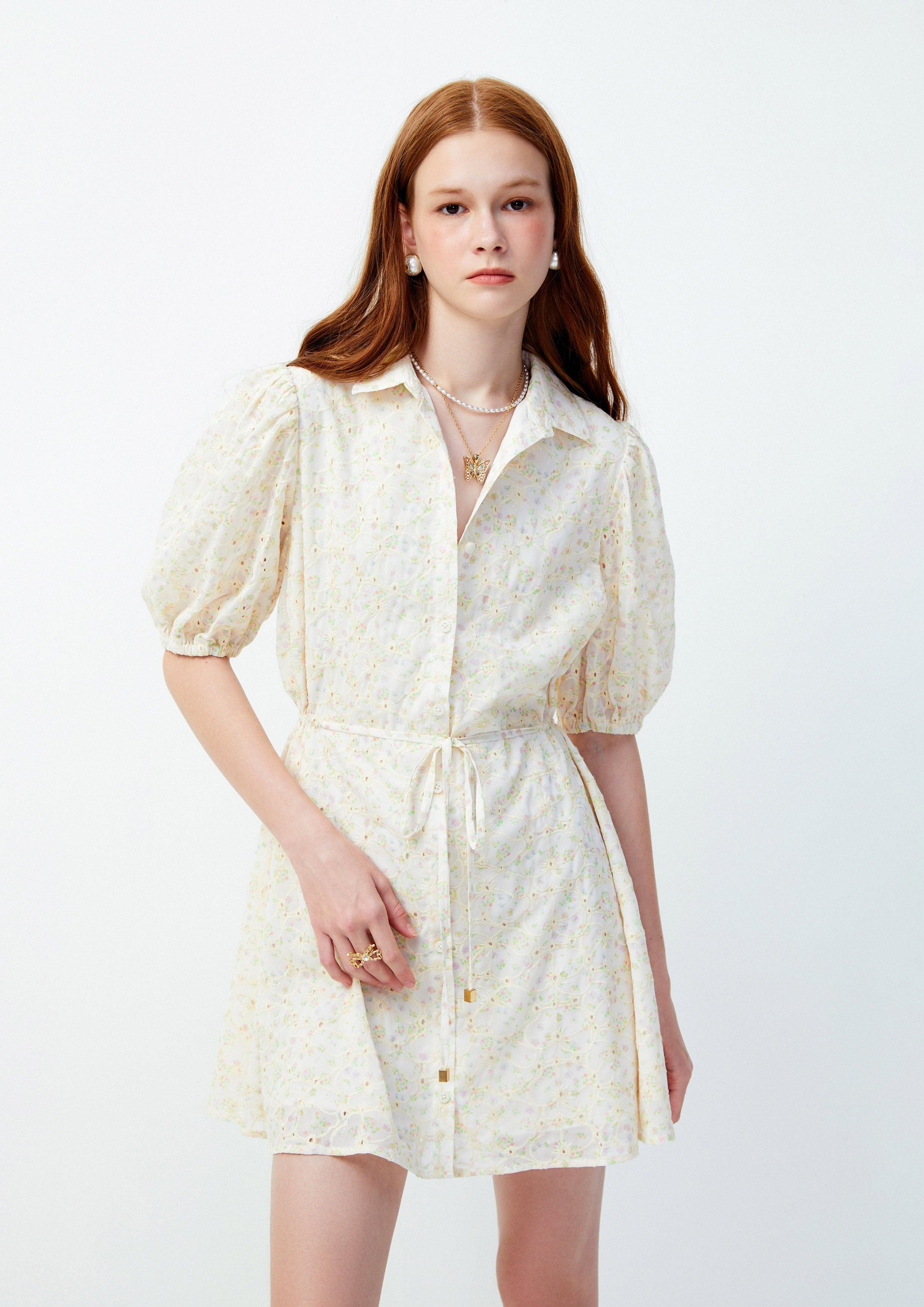 Lost in Museum Floral Field Puffed Sleeves Shirt Dress Cream