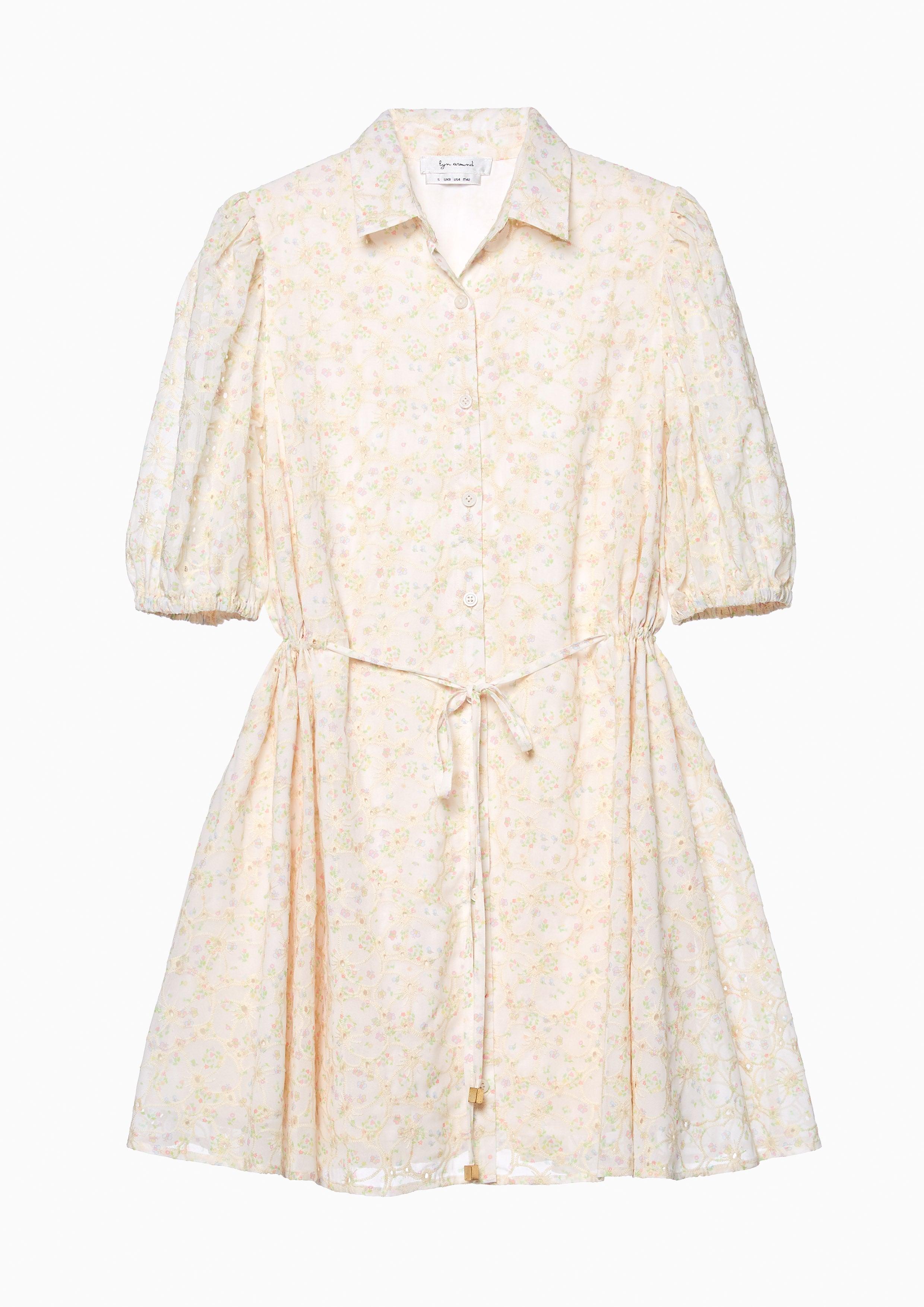 Lost in Museum Floral Field Puffed Sleeves Shirt Dress Cream