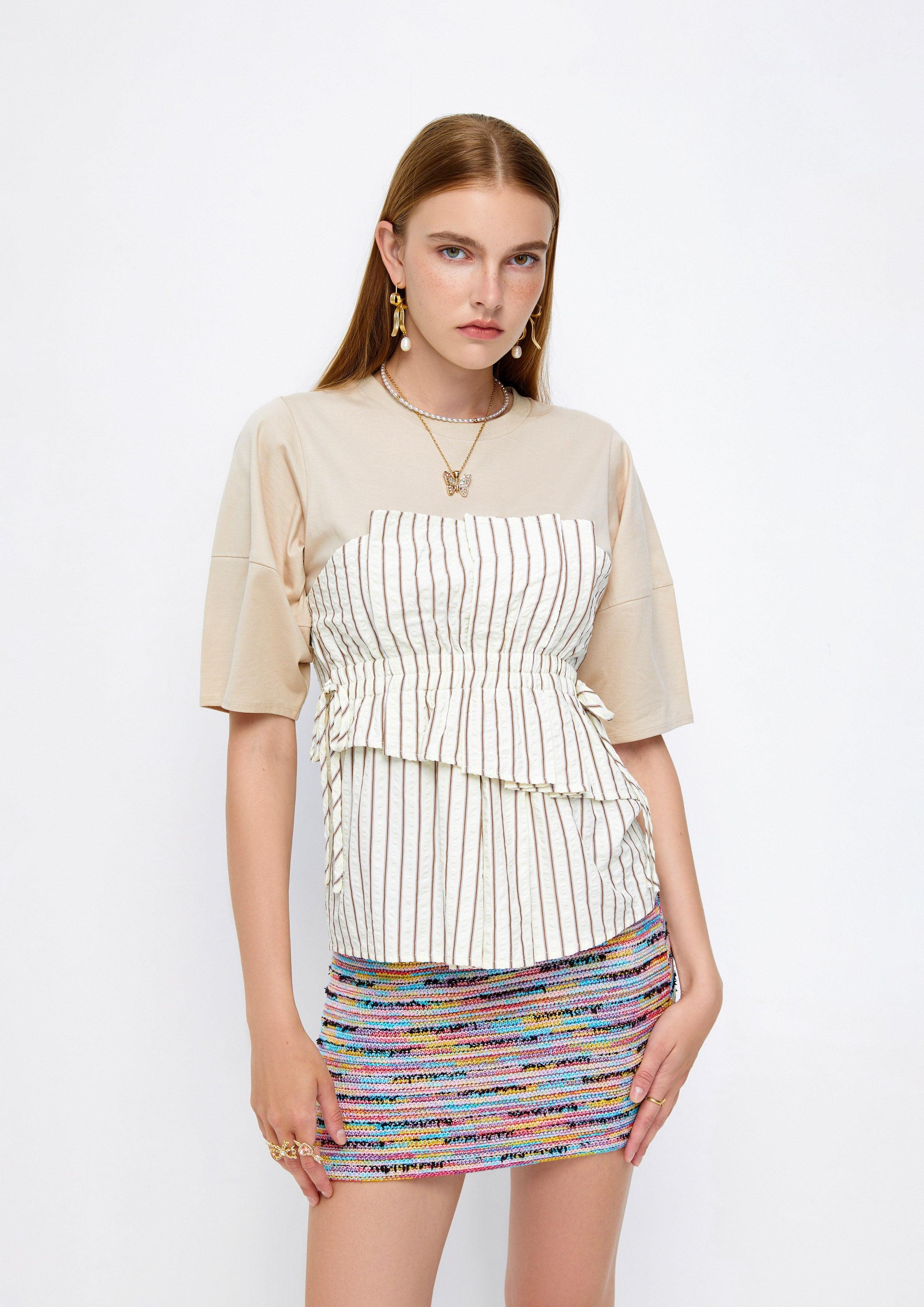 Lost In Museum Woof Club Ruffled Striped Layered Tee Brown