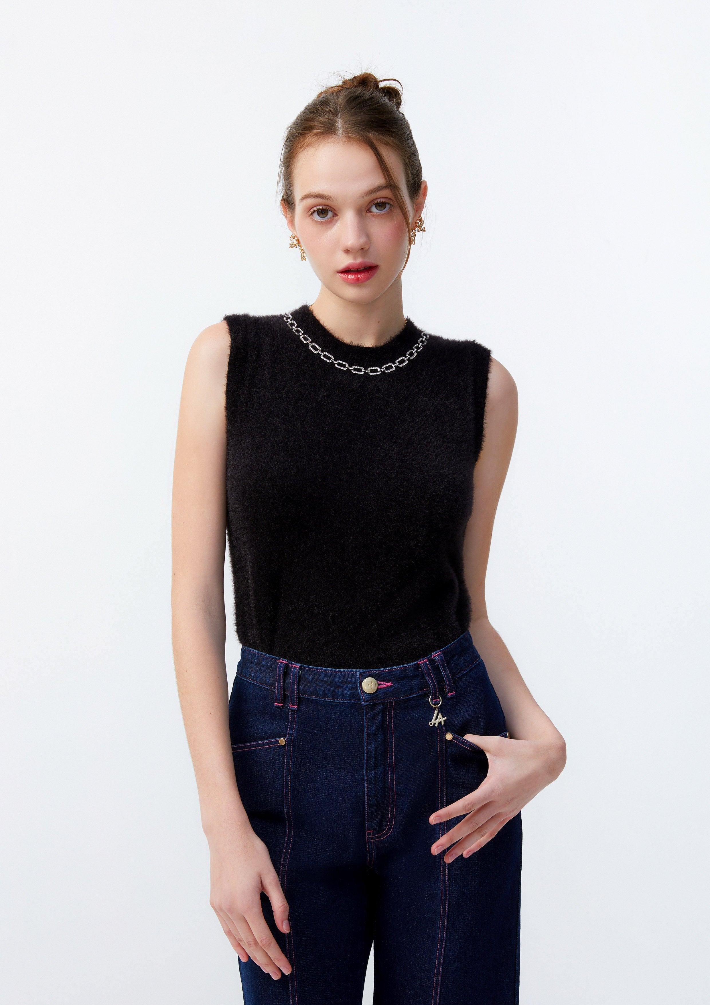 Lost In Museum Fuzzy ChaIn Sleeveless Top Black