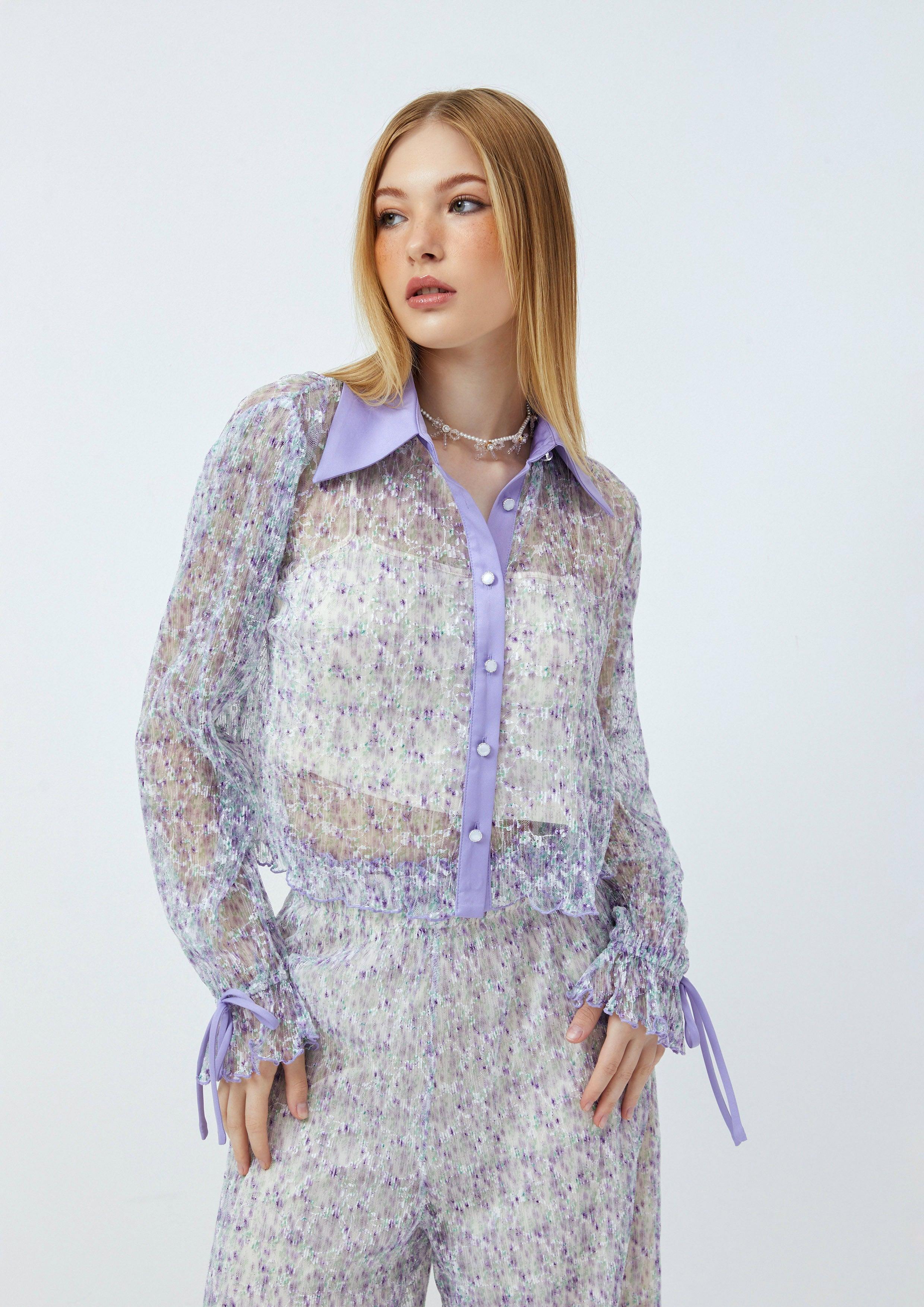 Lost In Museum Floral Sheer Long Sleeves Shirt Purple