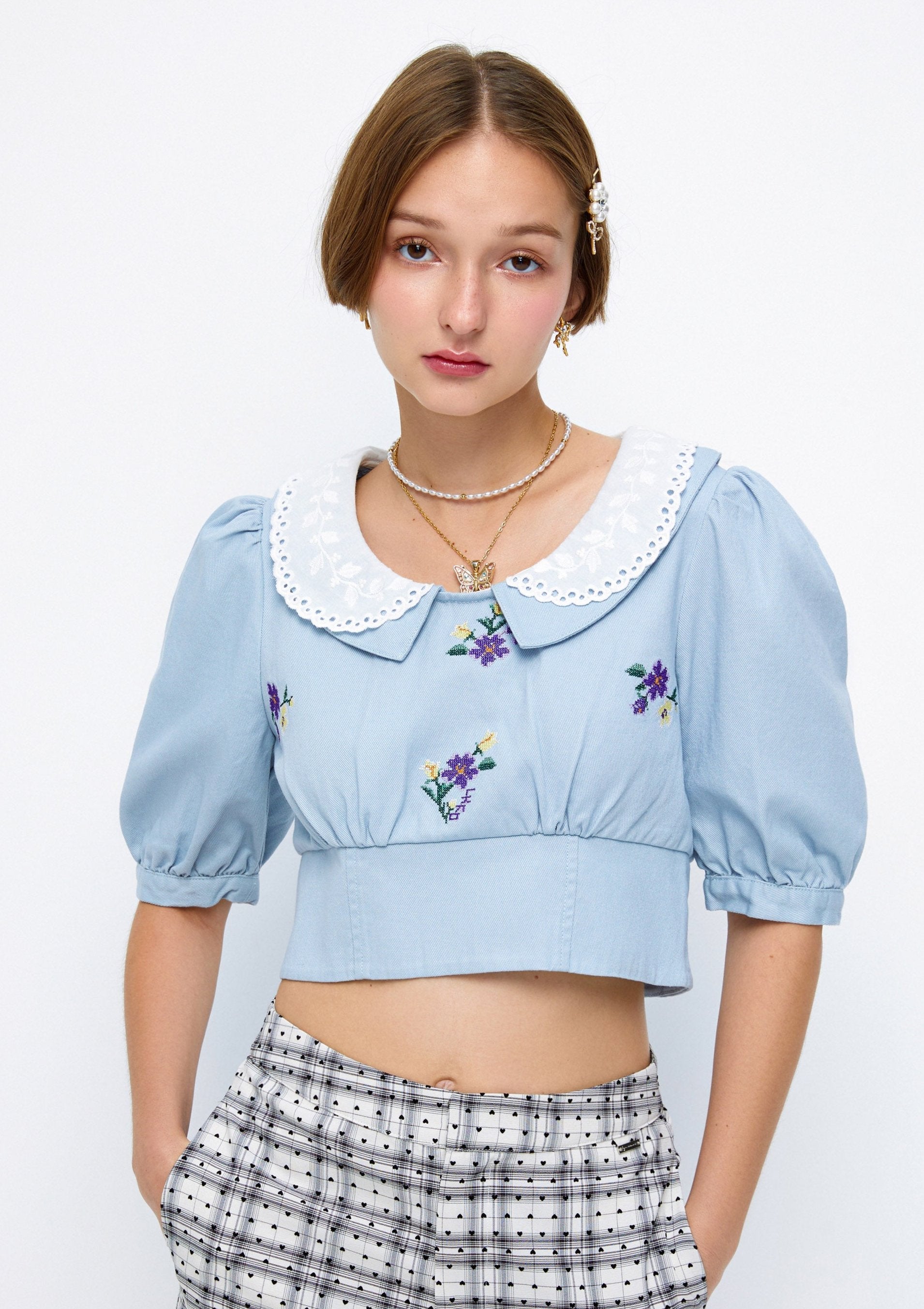 Floral Embroidery Puffed Sleeve Cropped Top Lost In Museum Collection