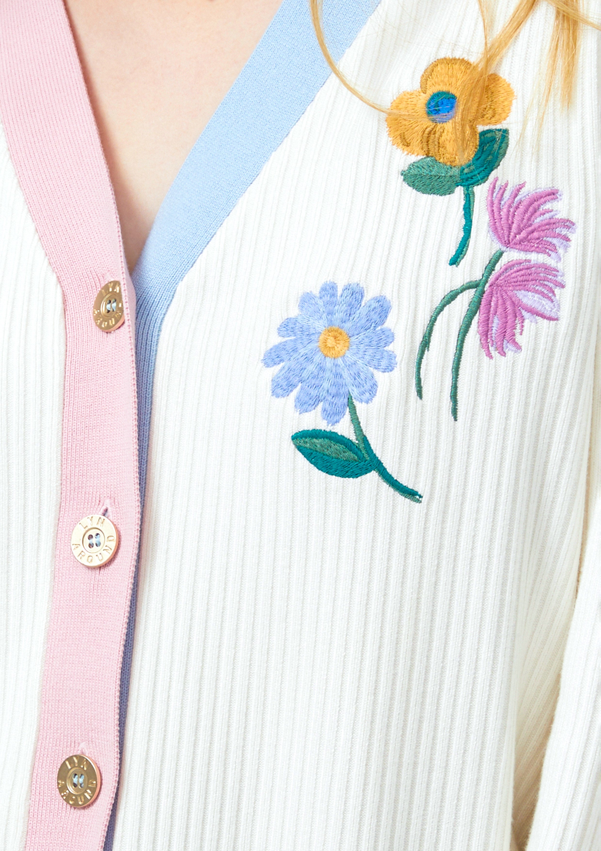 Lost in Museum Floral Embroideries Long Sleeve Cardigan White