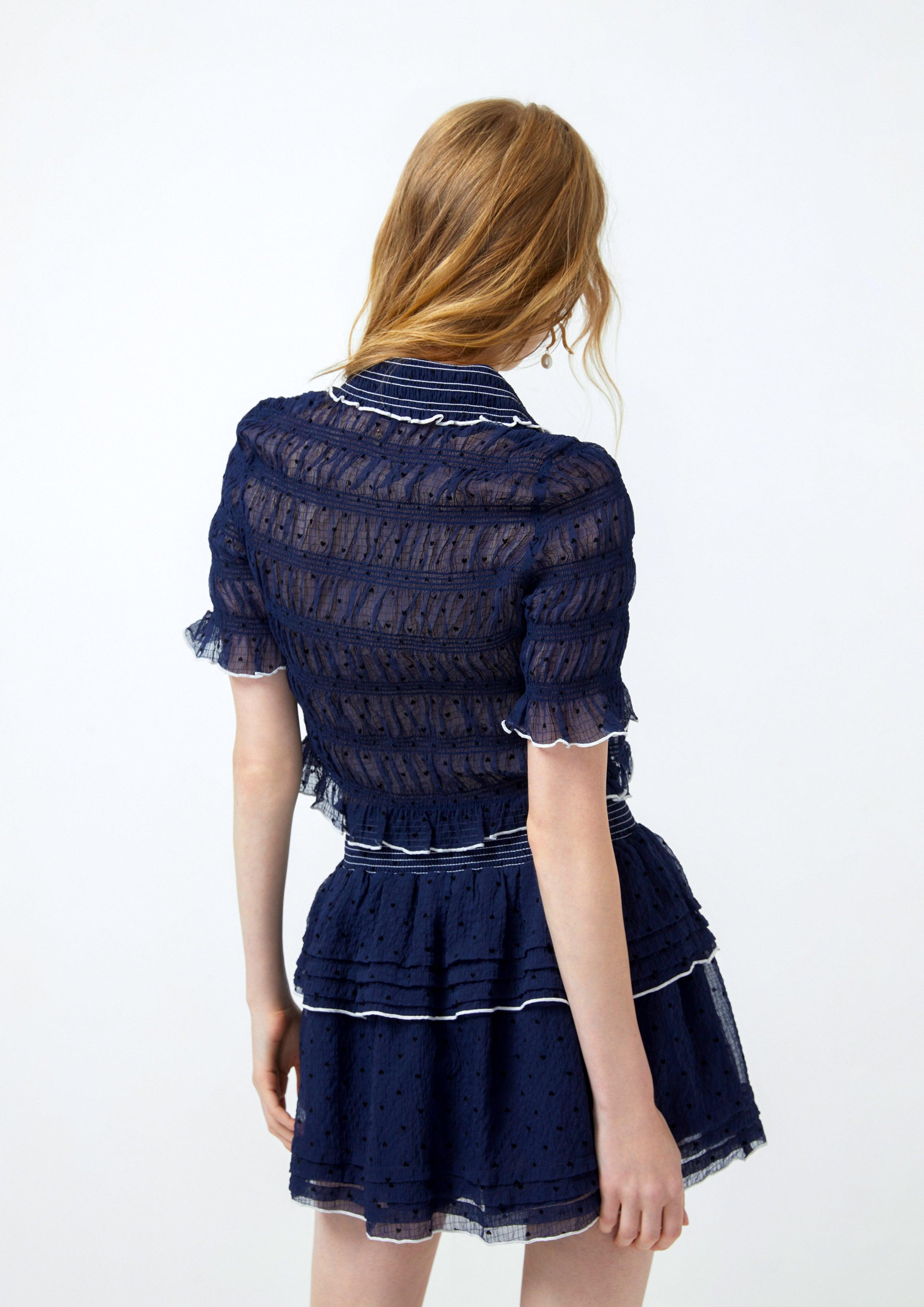 Lost in Museum See-Through Short Sleeve Blouse Navy