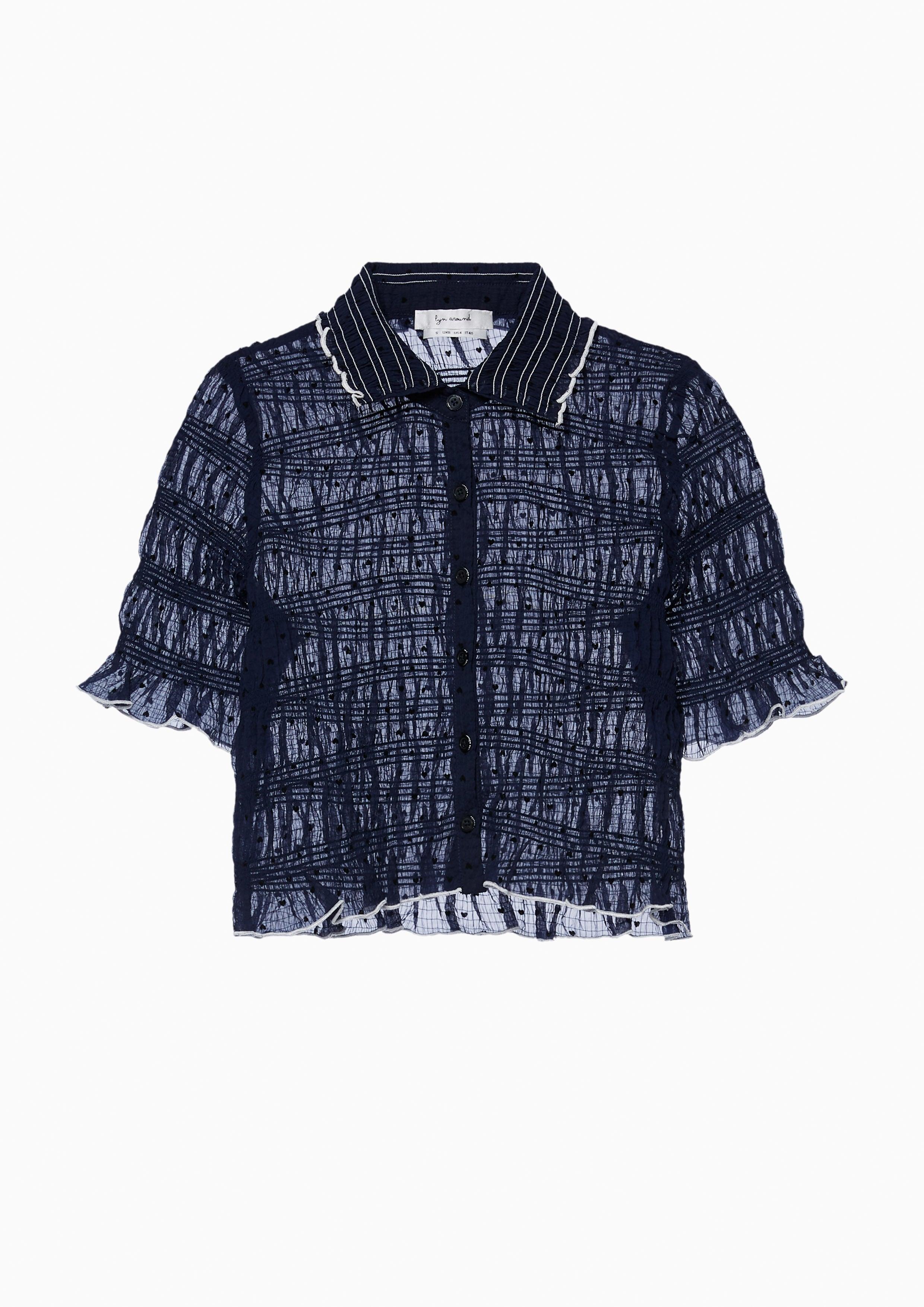 Lost in Museum See-Through Short Sleeve Blouse Navy