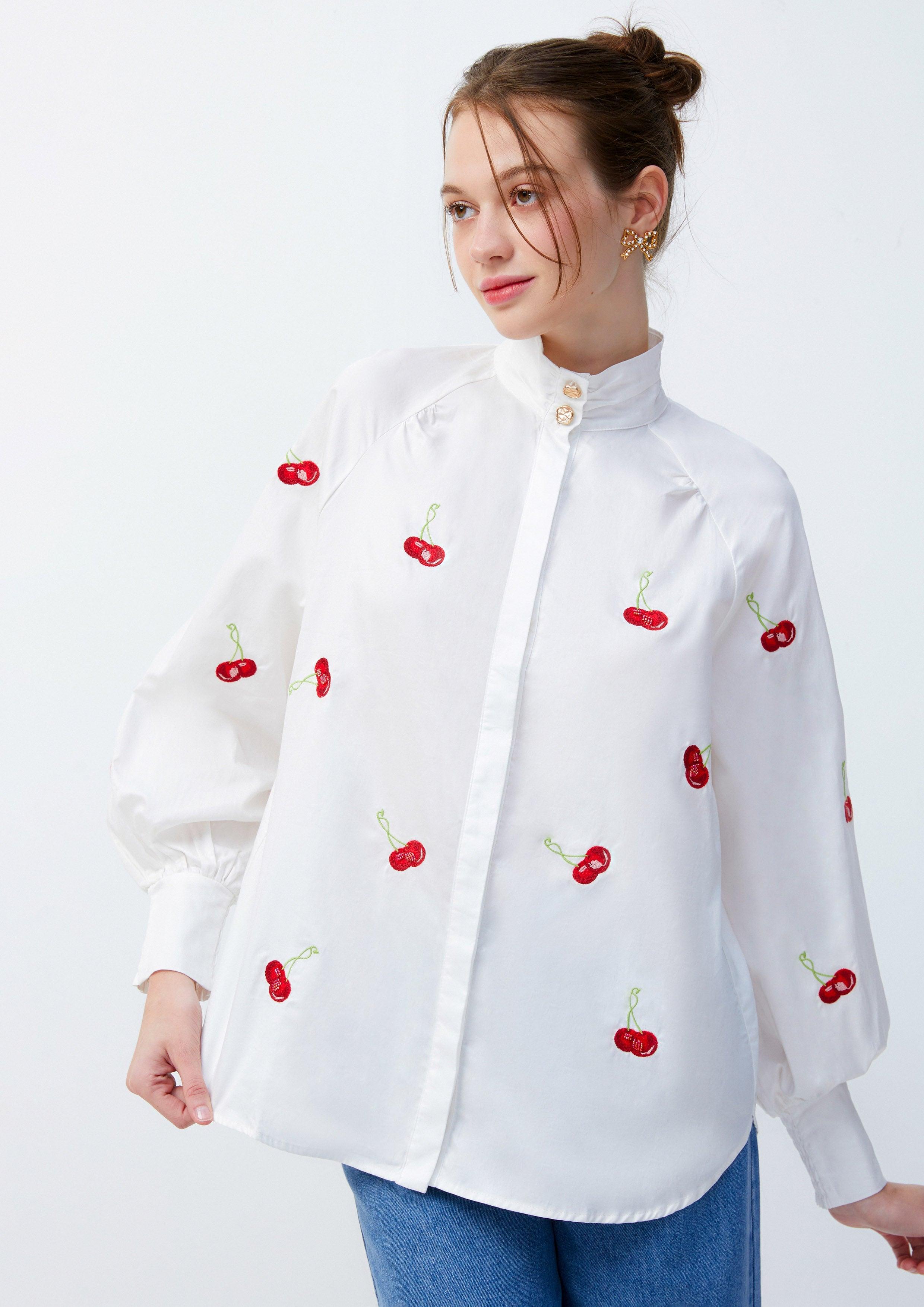 Lost in Museum Cherry Print Long Sleeve Blouse White