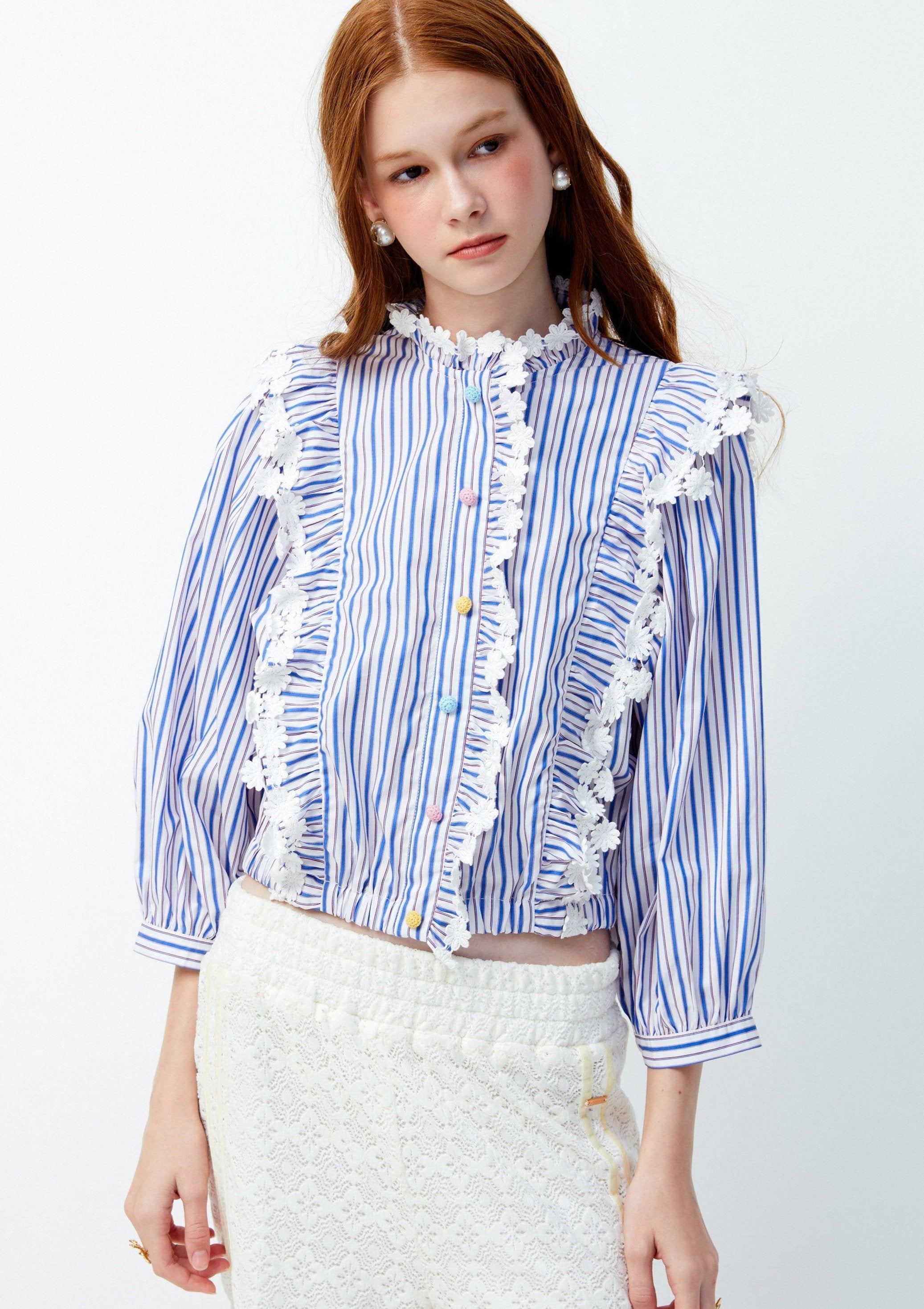 Lost in Museum Flower Field Striped Line Blouse Blue