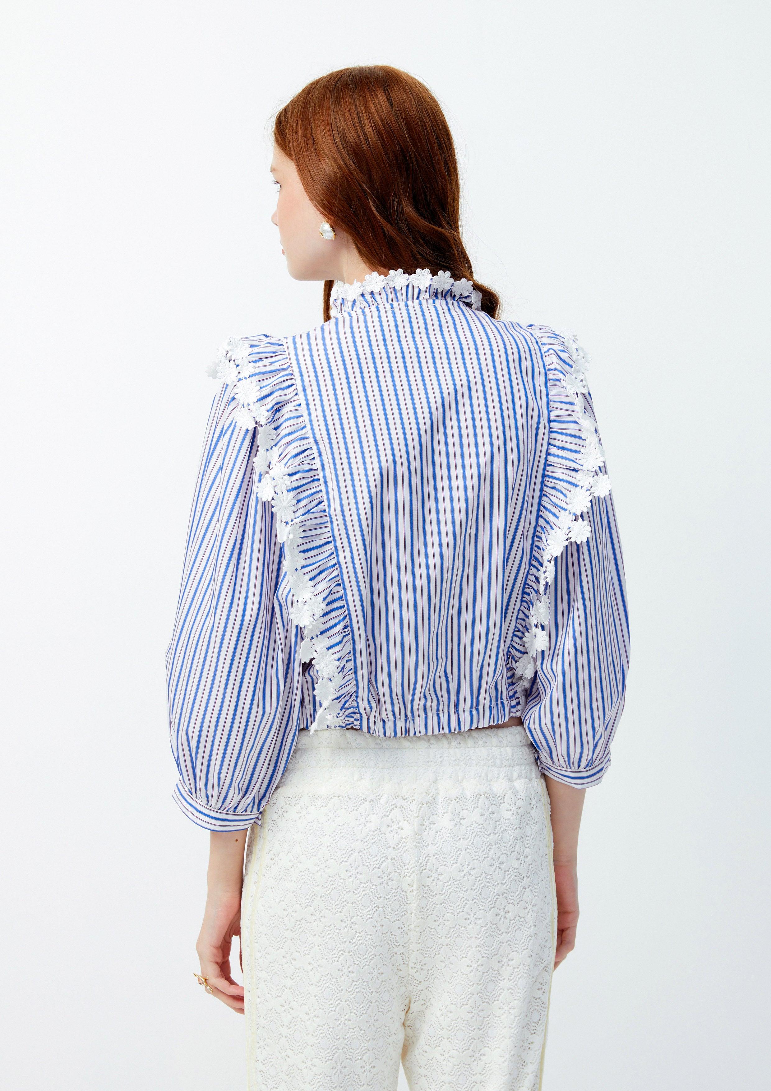 Lost in Museum Flower Field Striped Line Blouse Blue