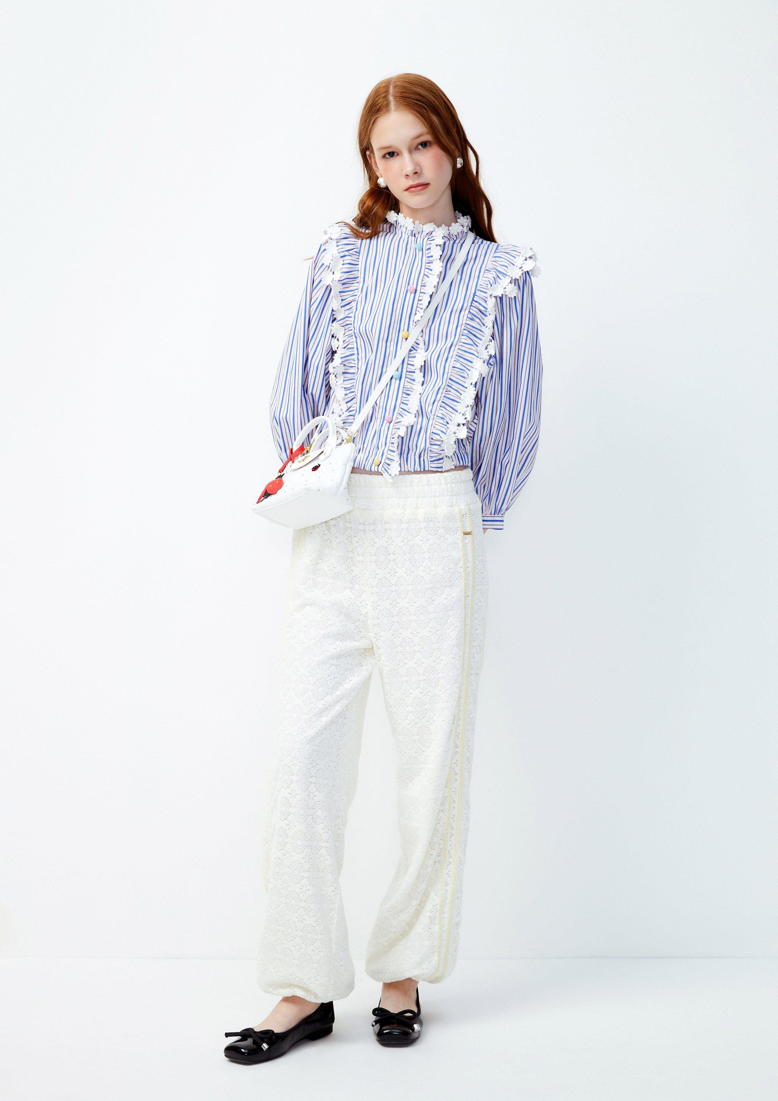 Lost in Museum Flower Field Striped Line Blouse Blue