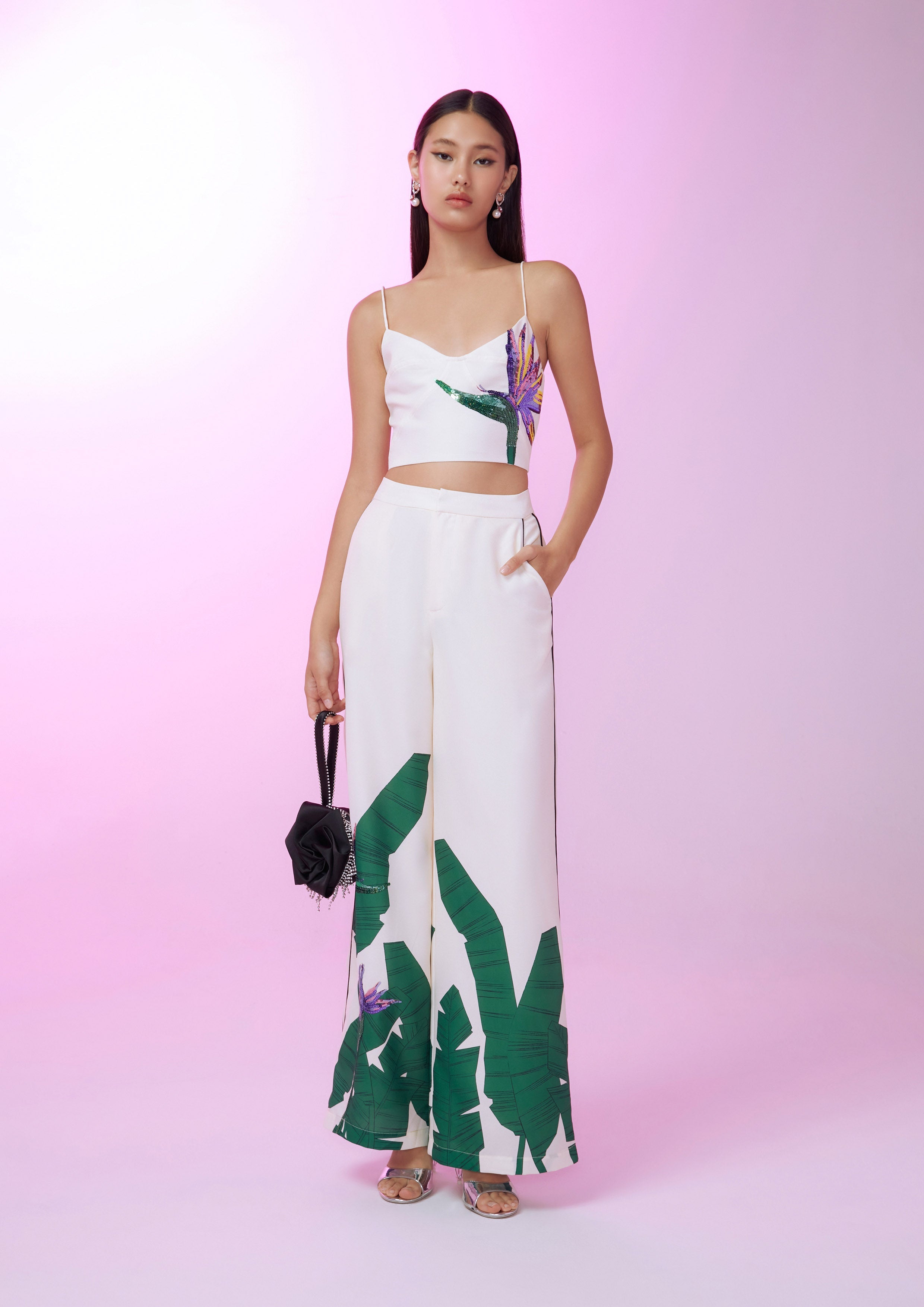 Tropical Leaf Sequin Accent Pants Femme Power Collection