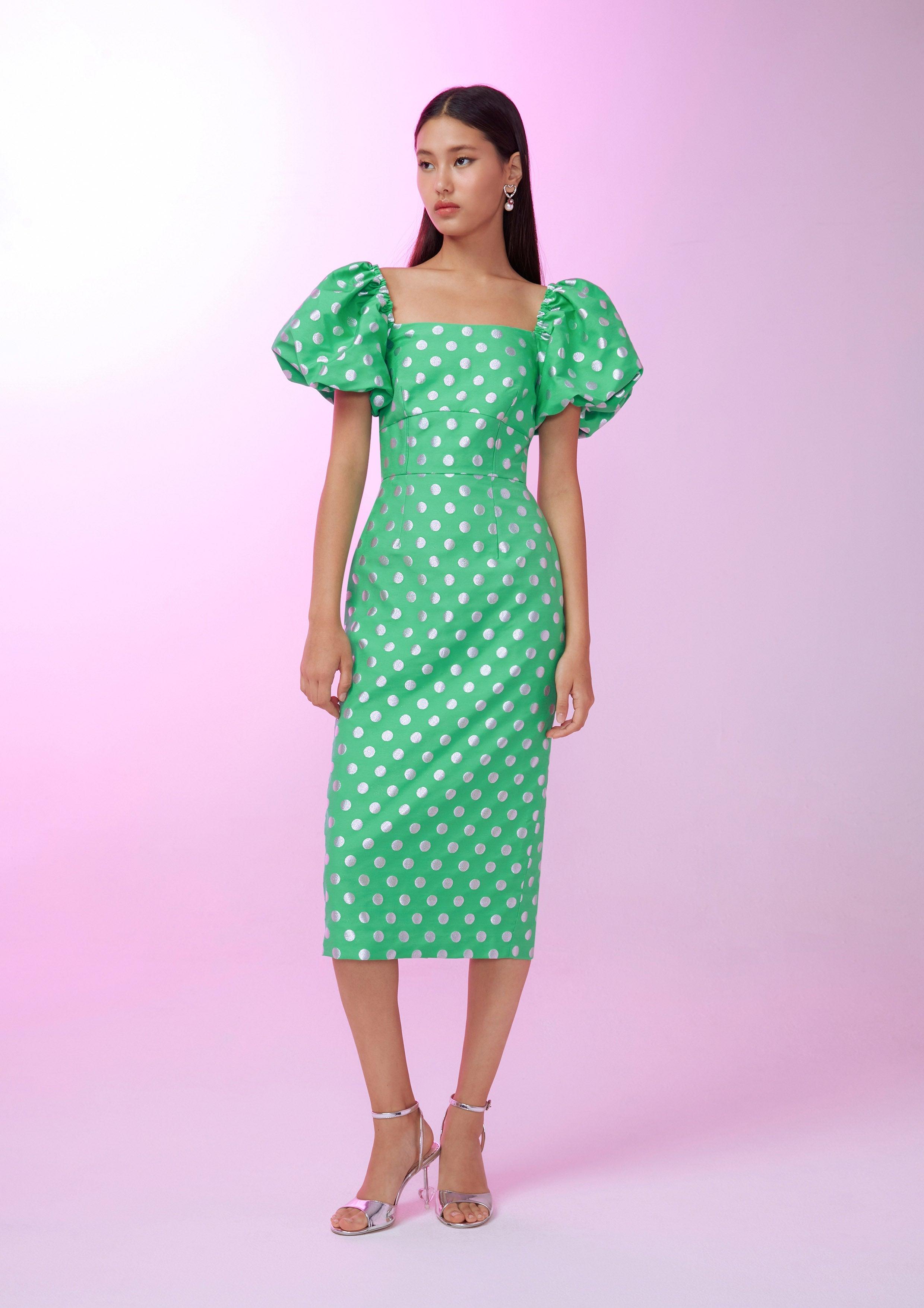 Nostalgia Chronicles Polka Dot Doll Sleeve Midi Dress Green