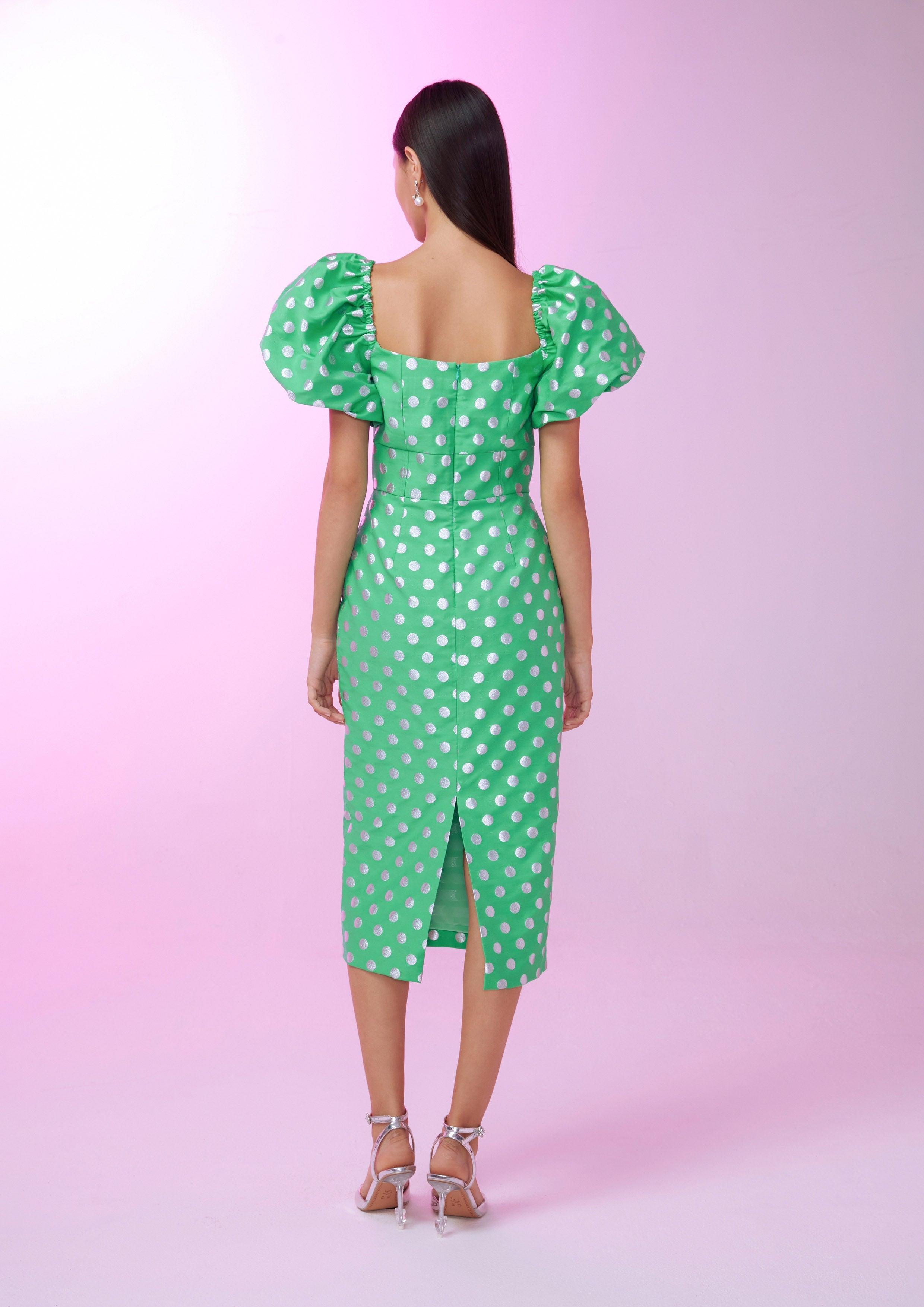 Nostalgia Chronicles Polka Dot Doll Sleeve Midi Dress Green