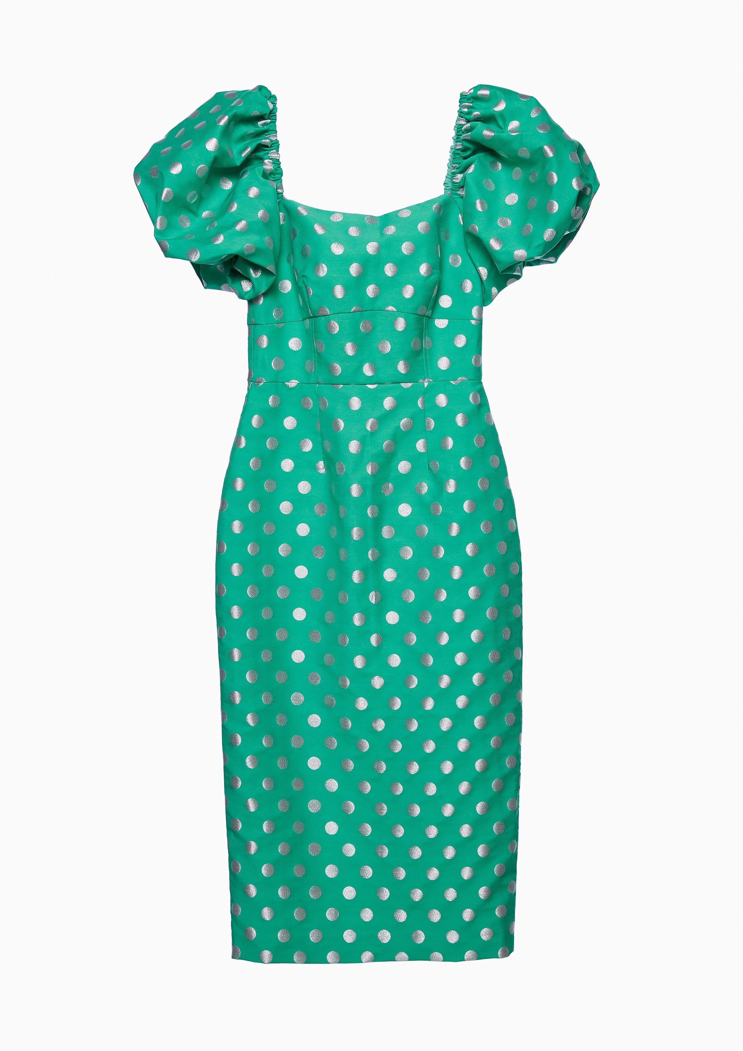 Nostalgia Chronicles Polka Dot Doll Sleeve Midi Dress Green