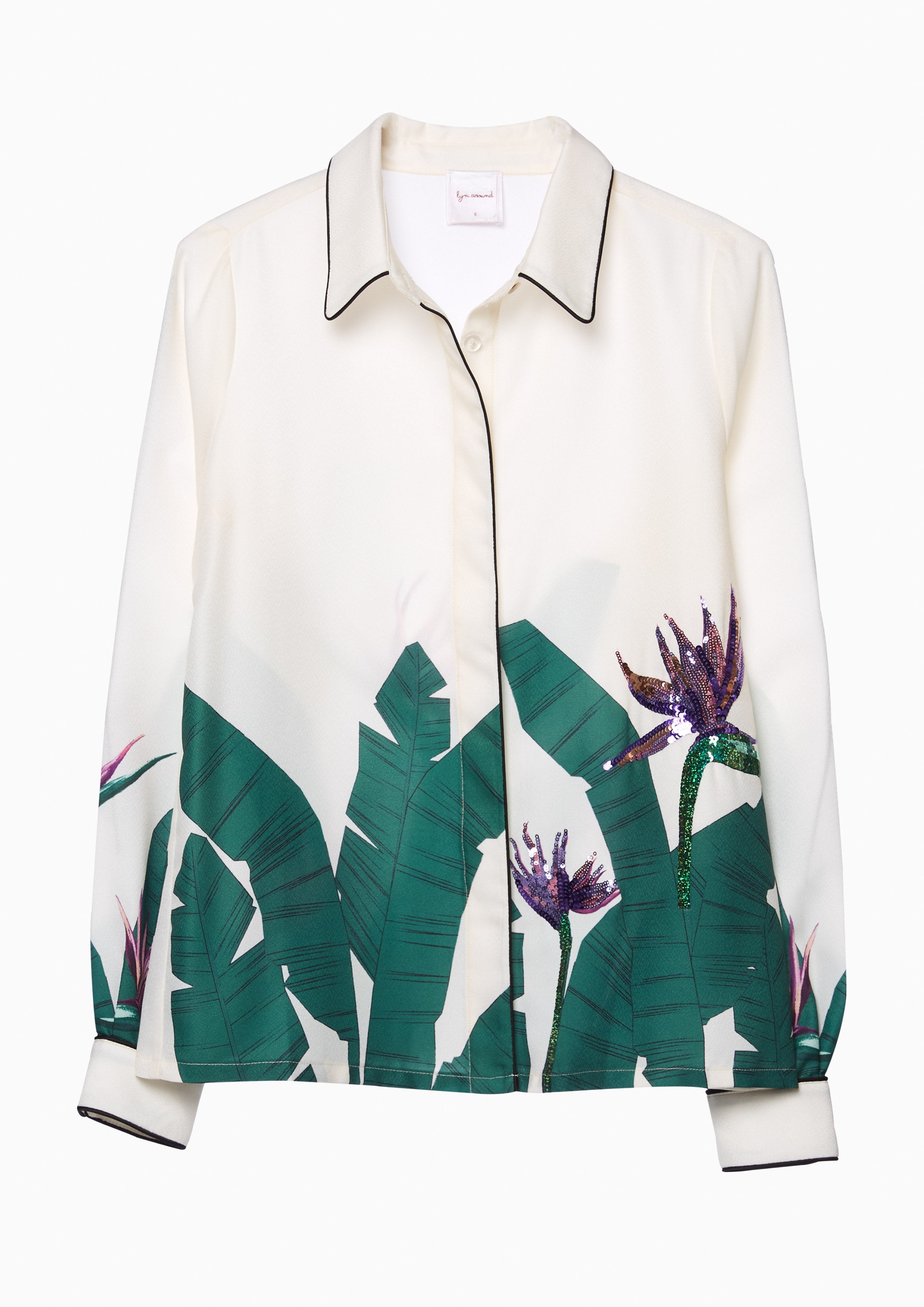 Tropical Leaf Sequin Accent Shirt Blouse Femme Power Collection