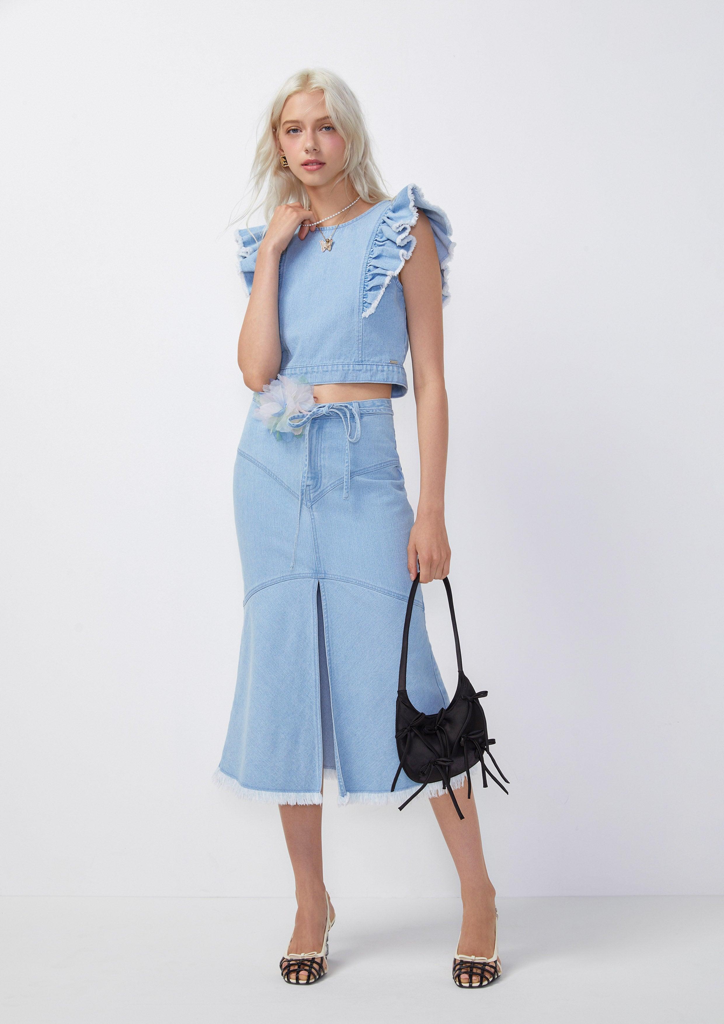 Femme Power Flower Denim Midi Skirt Blue