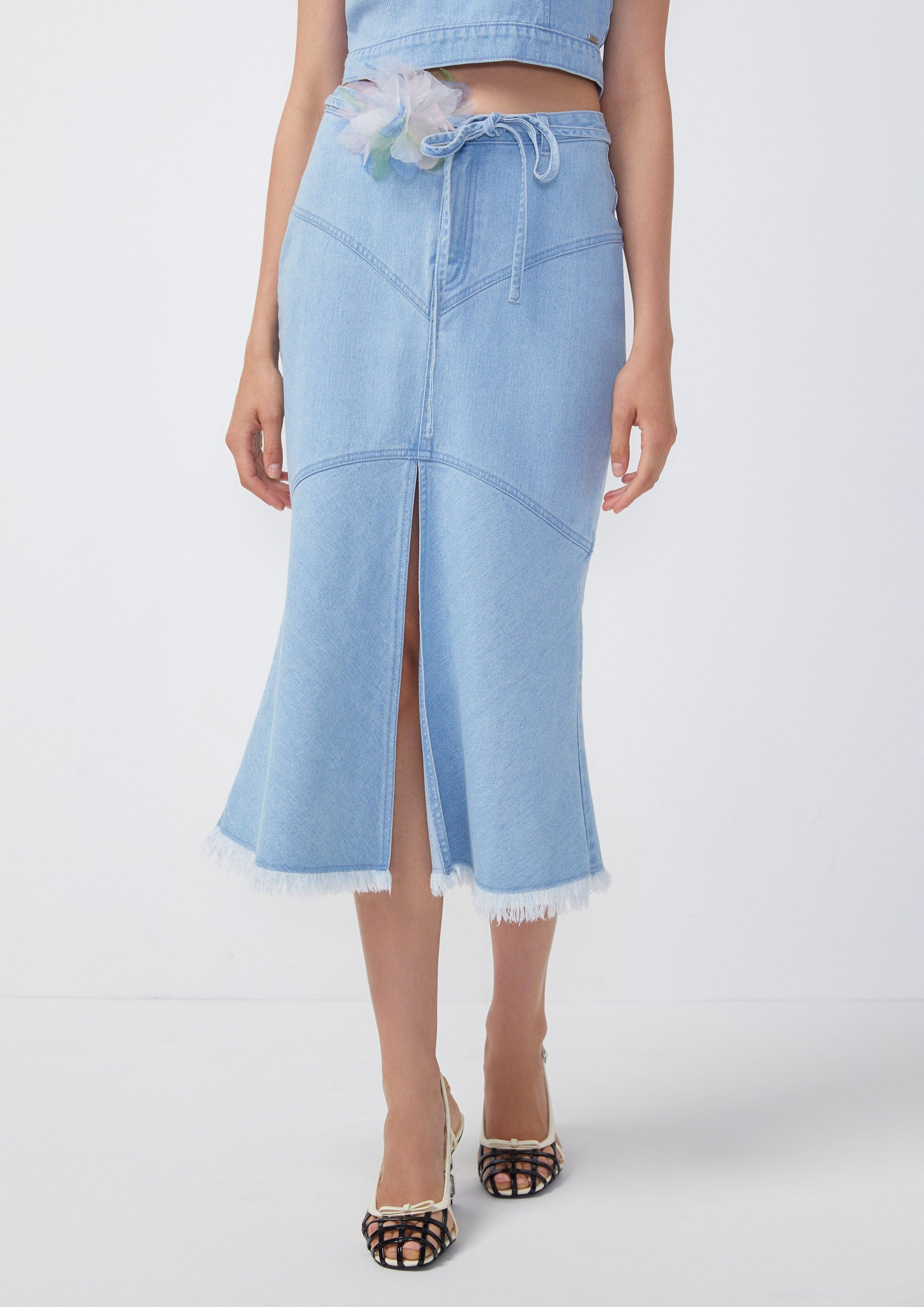 Femme Power Flower Denim Midi Skirt Blue