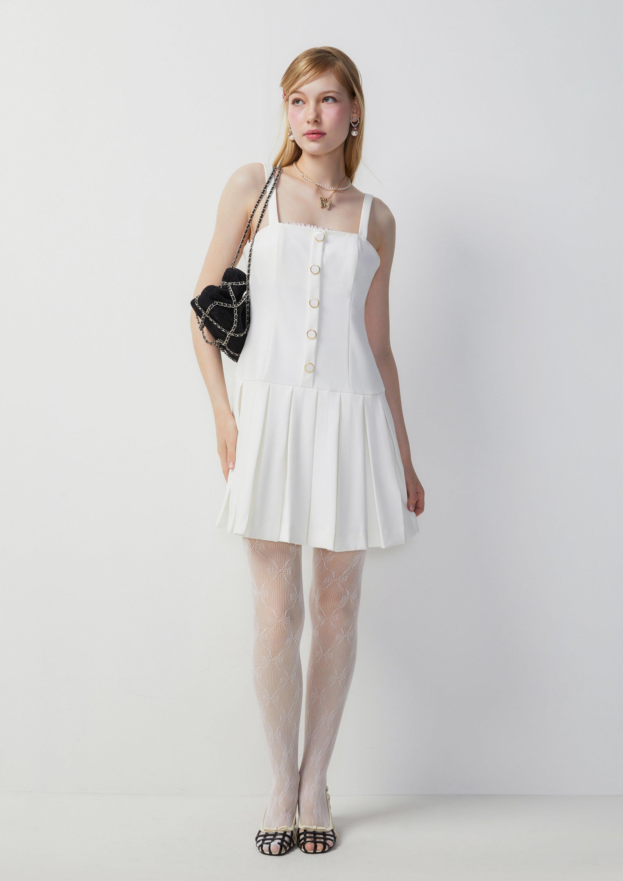 Button Front Sleeveless Short Dress White