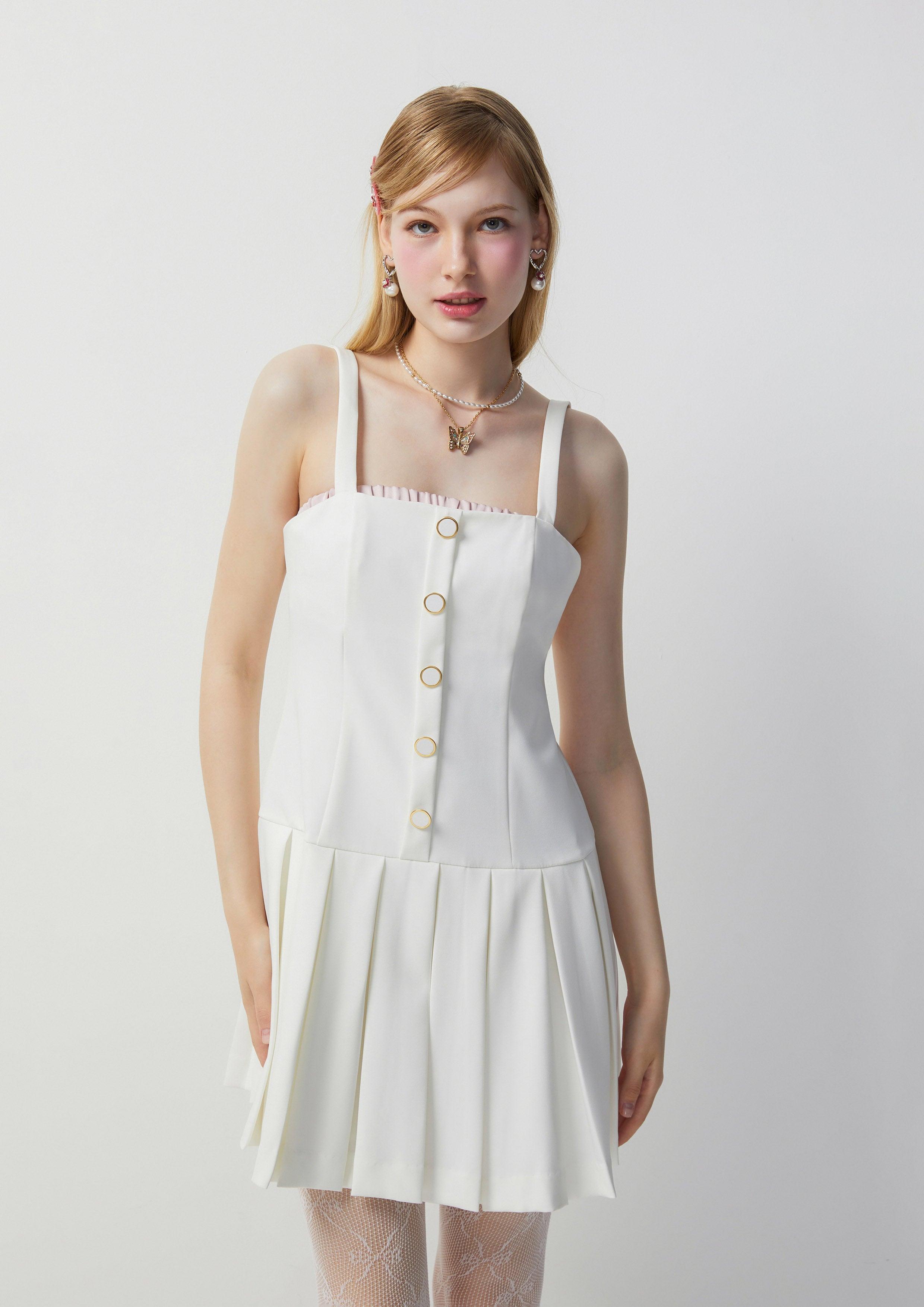 Button Front Sleeveless Short Dress White