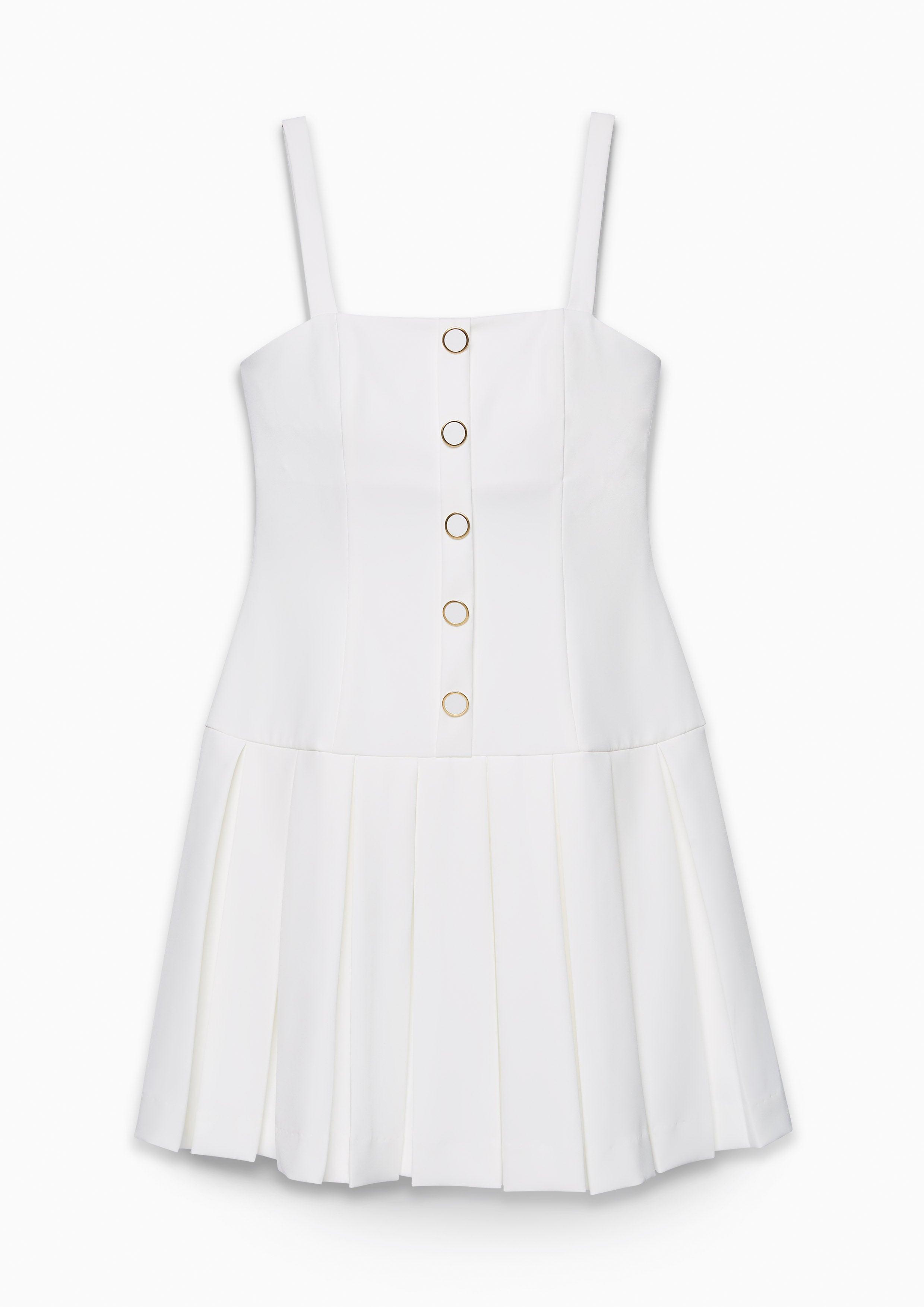 Button Front Sleeveless Short Dress White