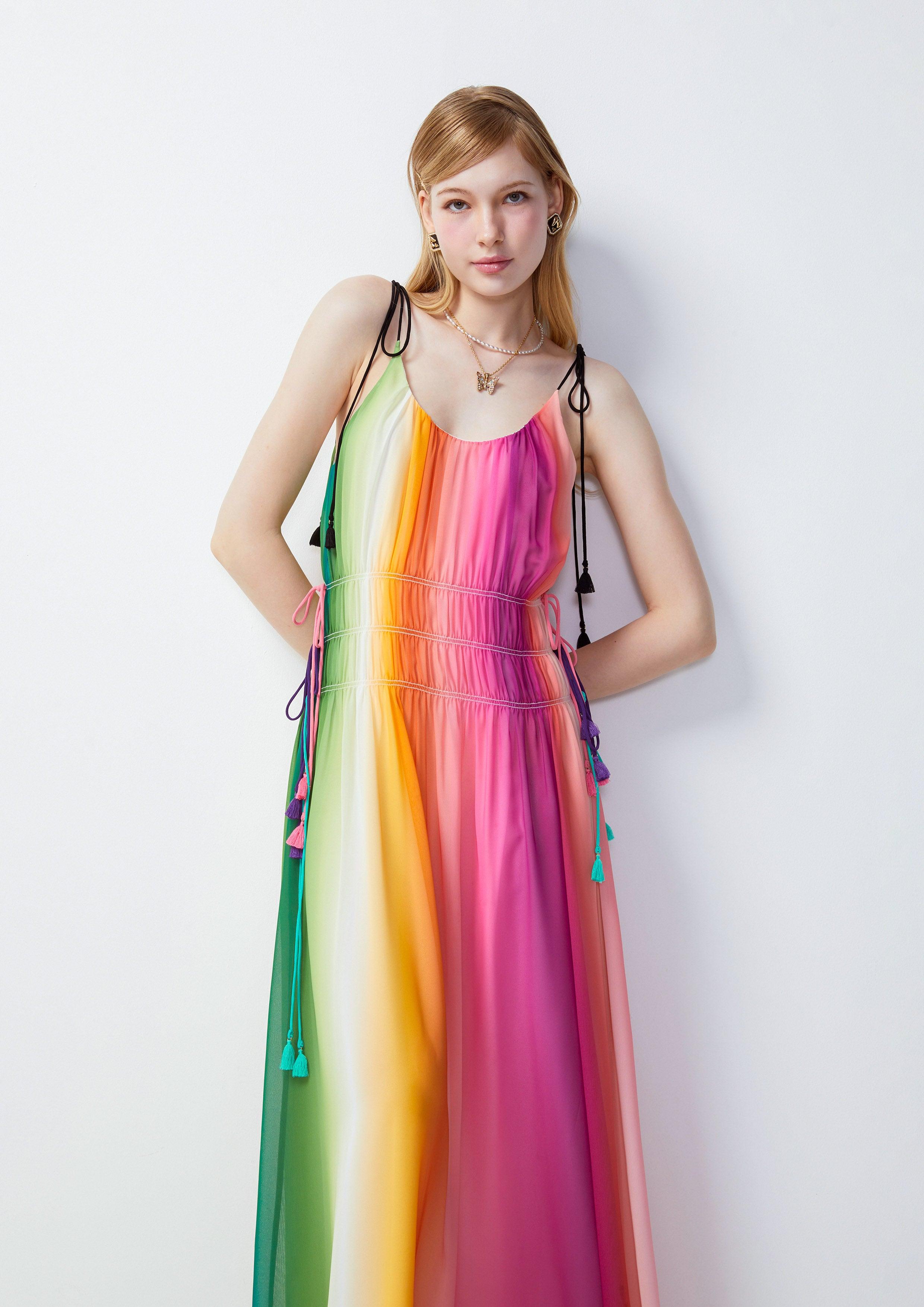 Femme Power Rainbow Ruched Cami Maxi Dress Multi Color