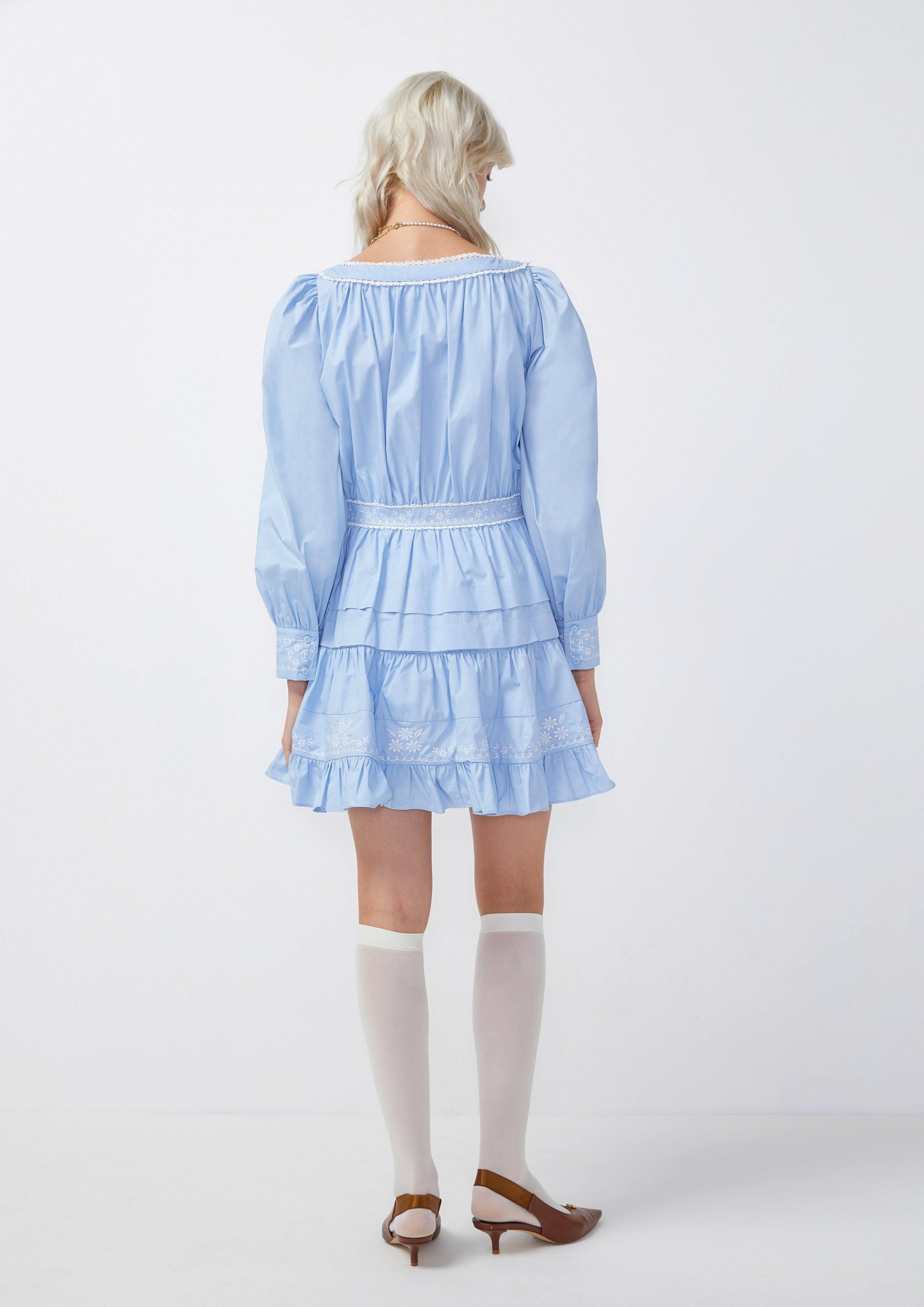 Long Sleeve Tier Short Dress Light Blue