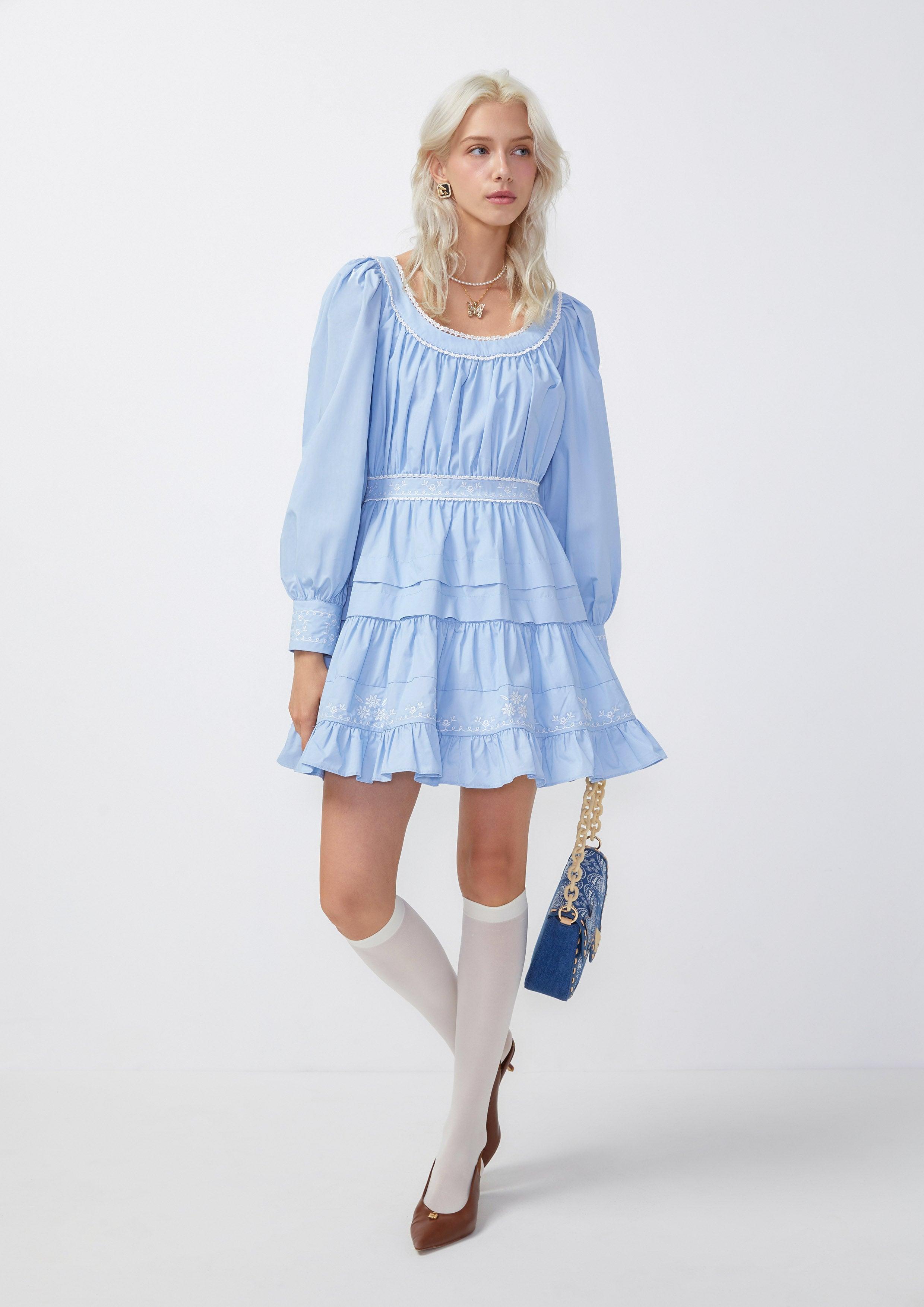 Long Sleeve Tier Short Dress Light Blue