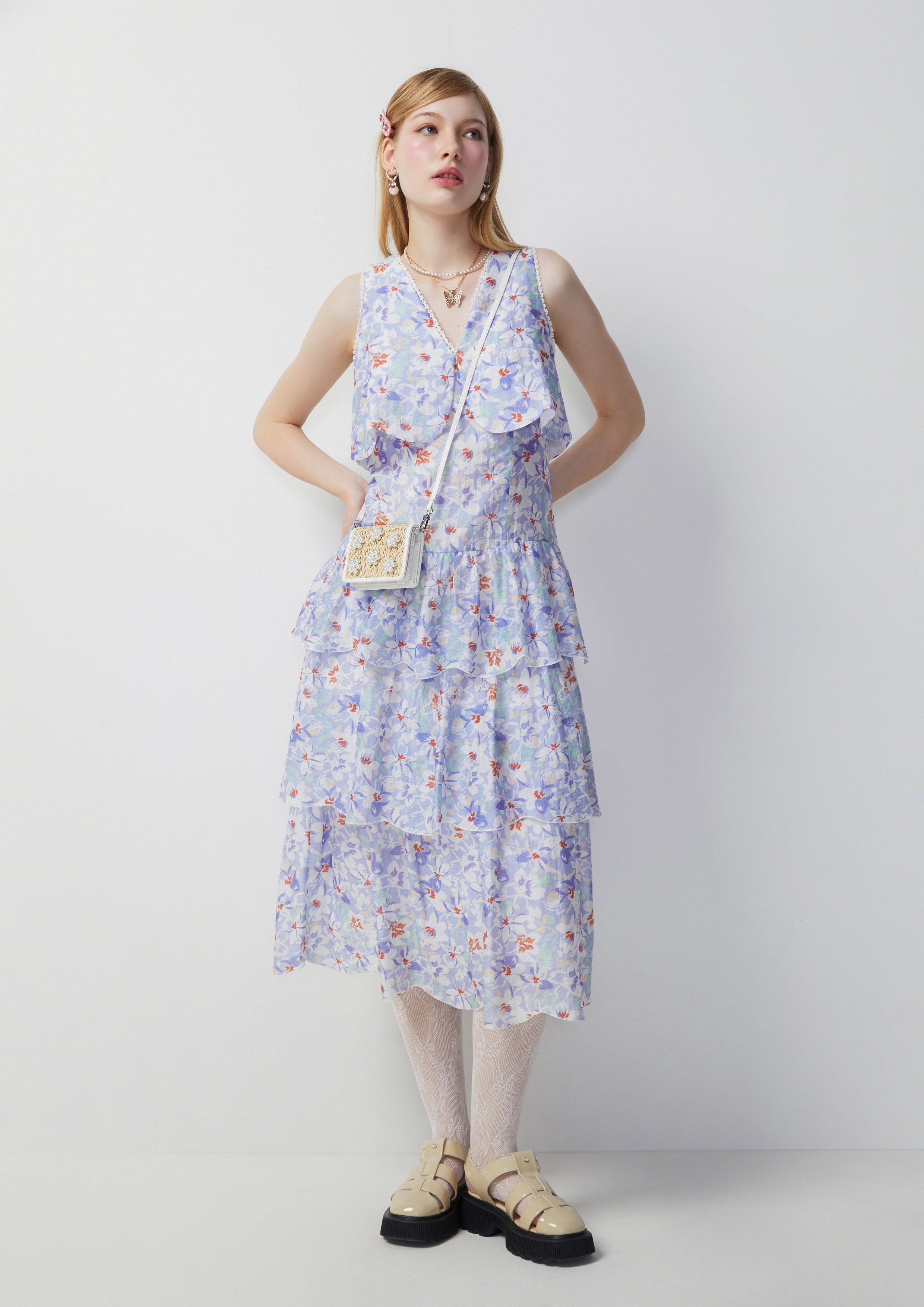 Sleeveless V-Neck Tiered Floral Midi Dress Femme Power Collection