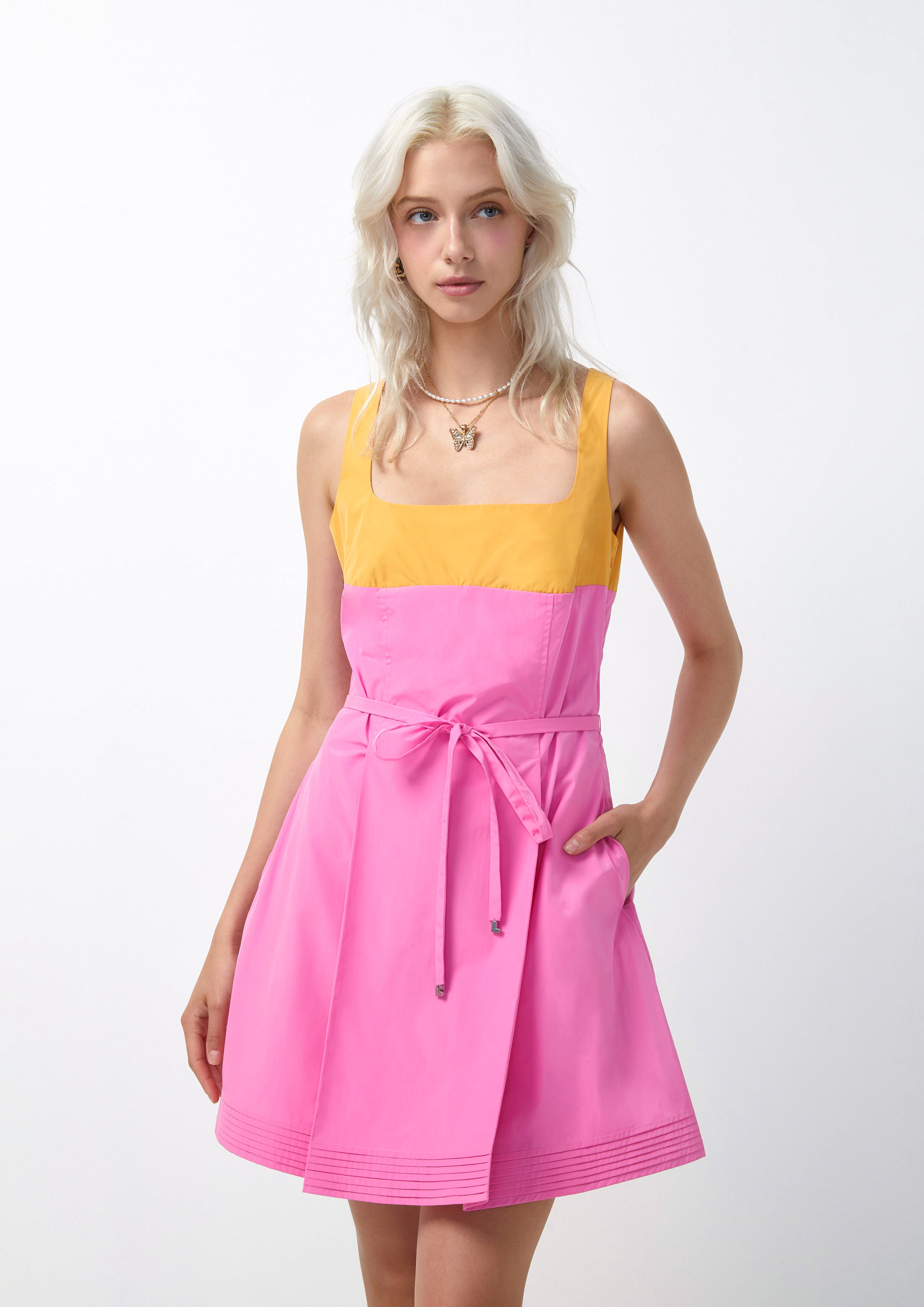 Two Tone Colorblock Square Neck Short Dress Femme Power Collection