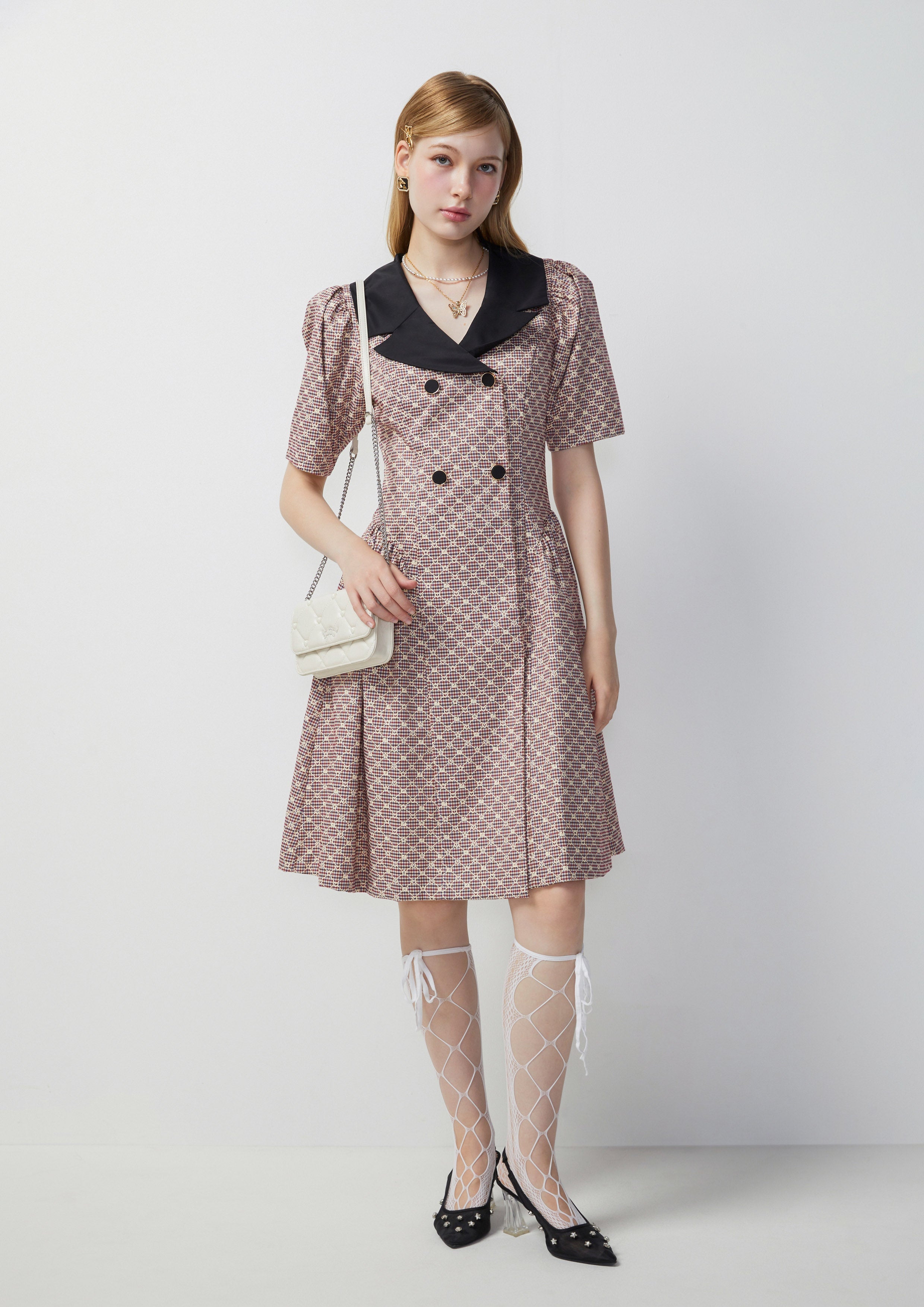 Checkered Pattern Lapel Short Dress Femme Power Collection