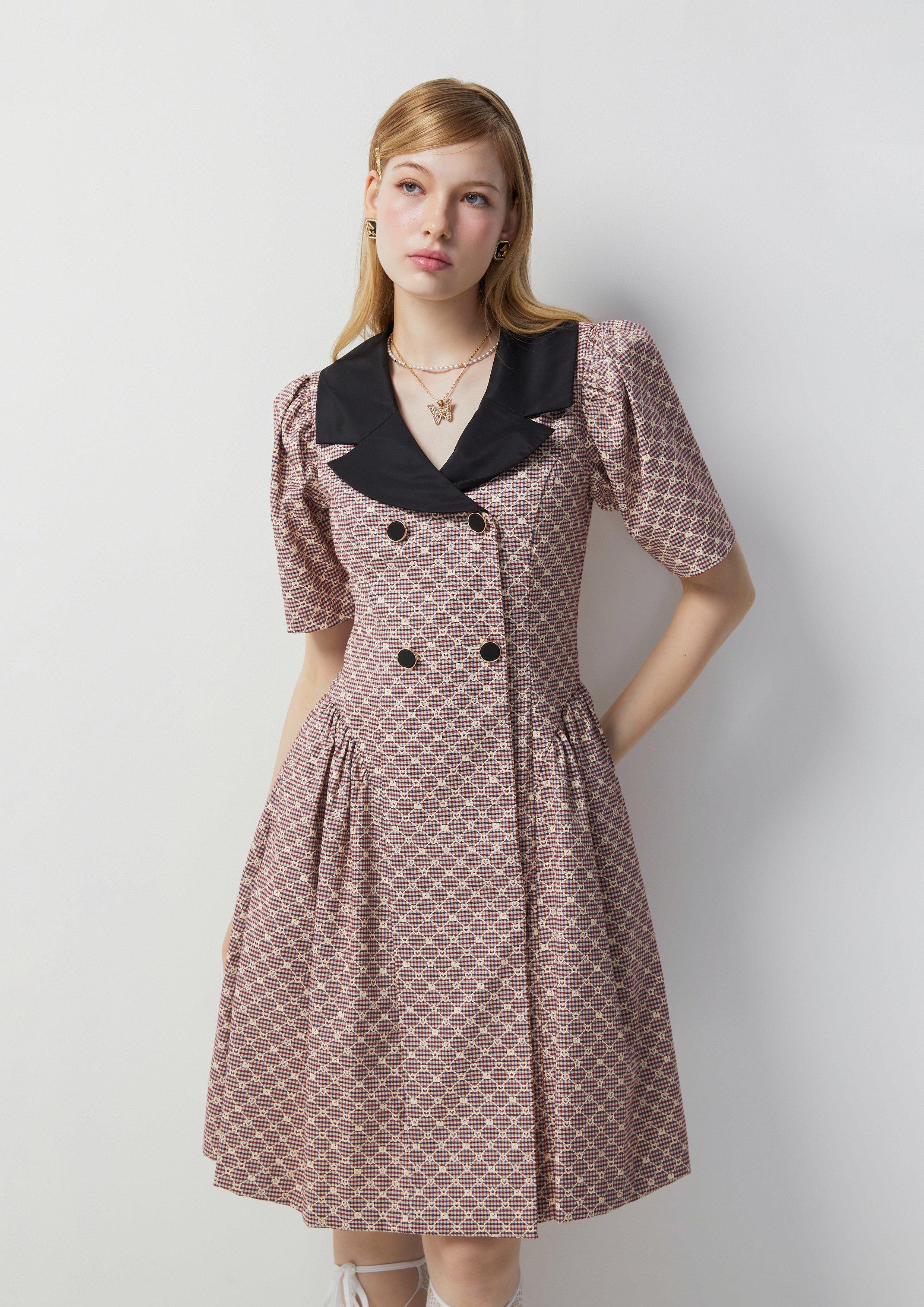 Checkered Pattern Lapel Short Dress Femme Power Collection