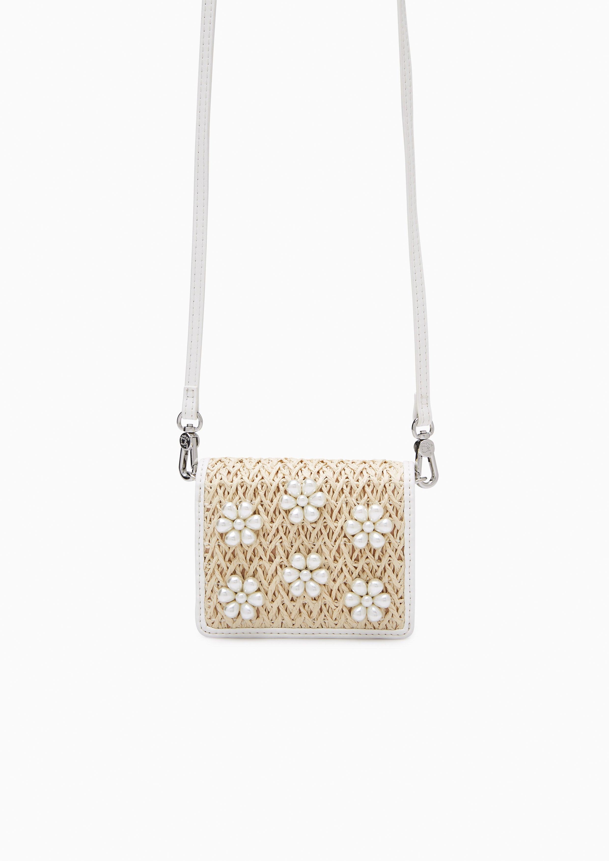 Pearl Stud Raffia Flap Crossbody Bag Beige