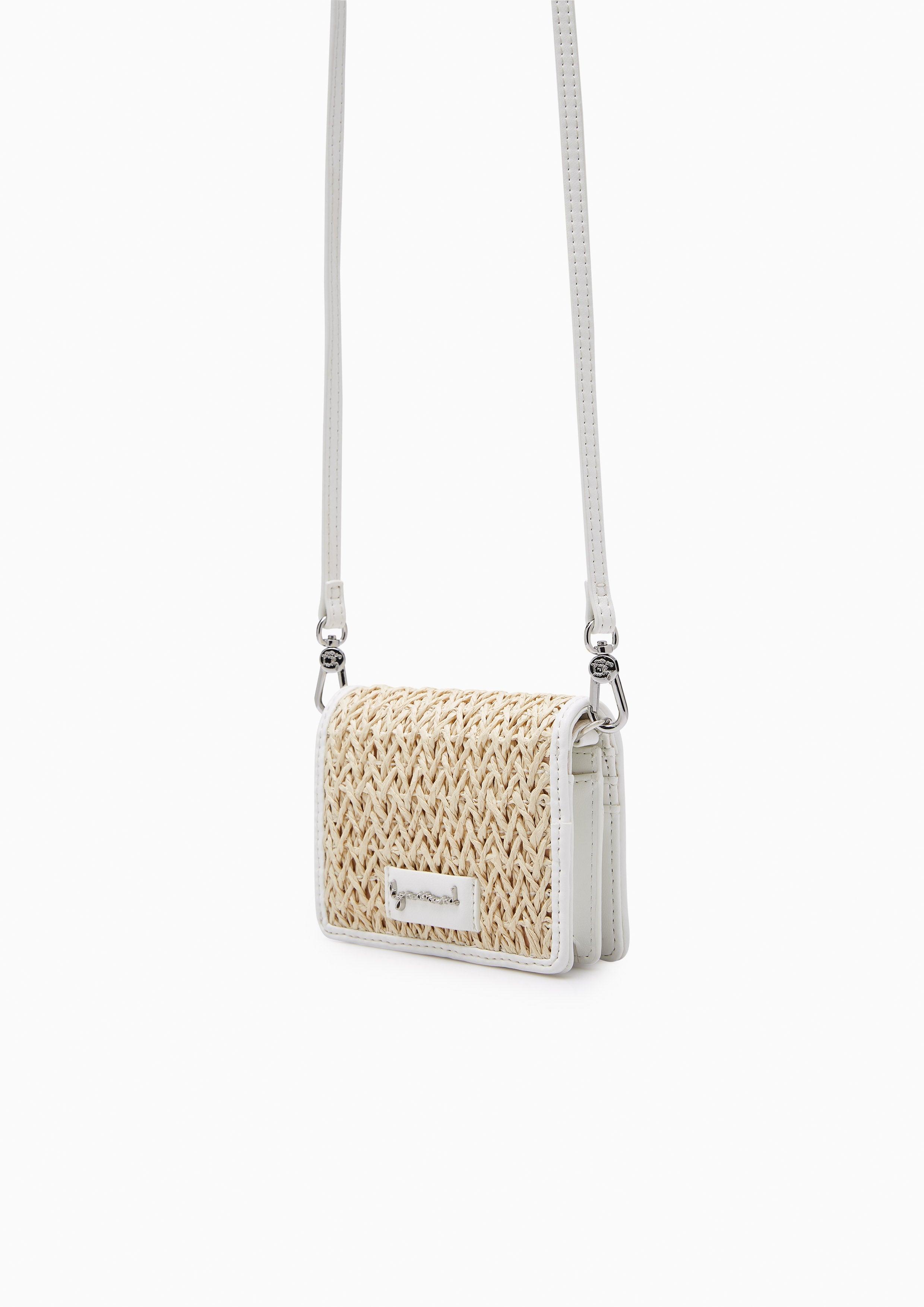 Pearl Stud Raffia Flap Crossbody Bag Beige