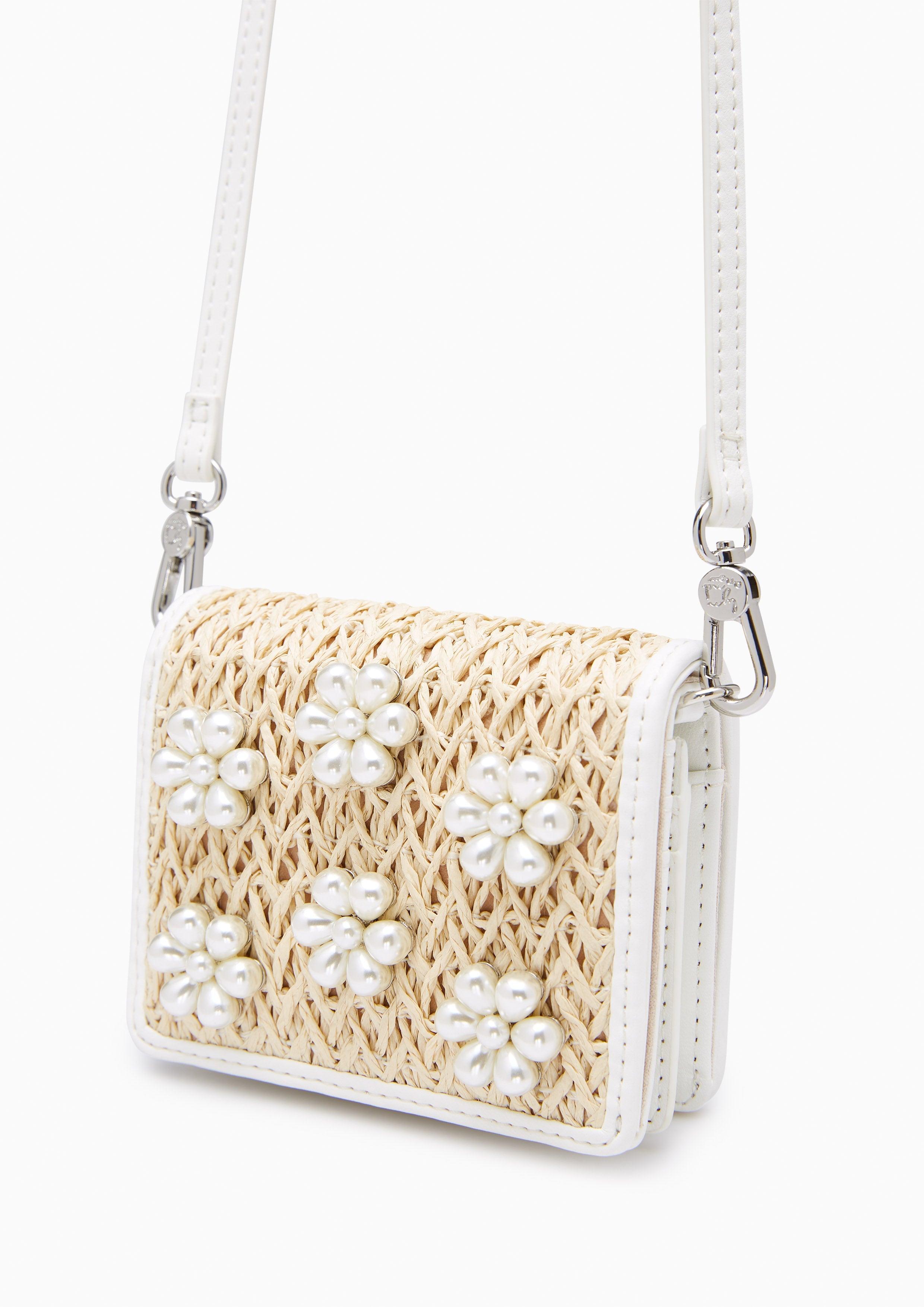 Pearl Stud Raffia Flap Crossbody Bag Beige