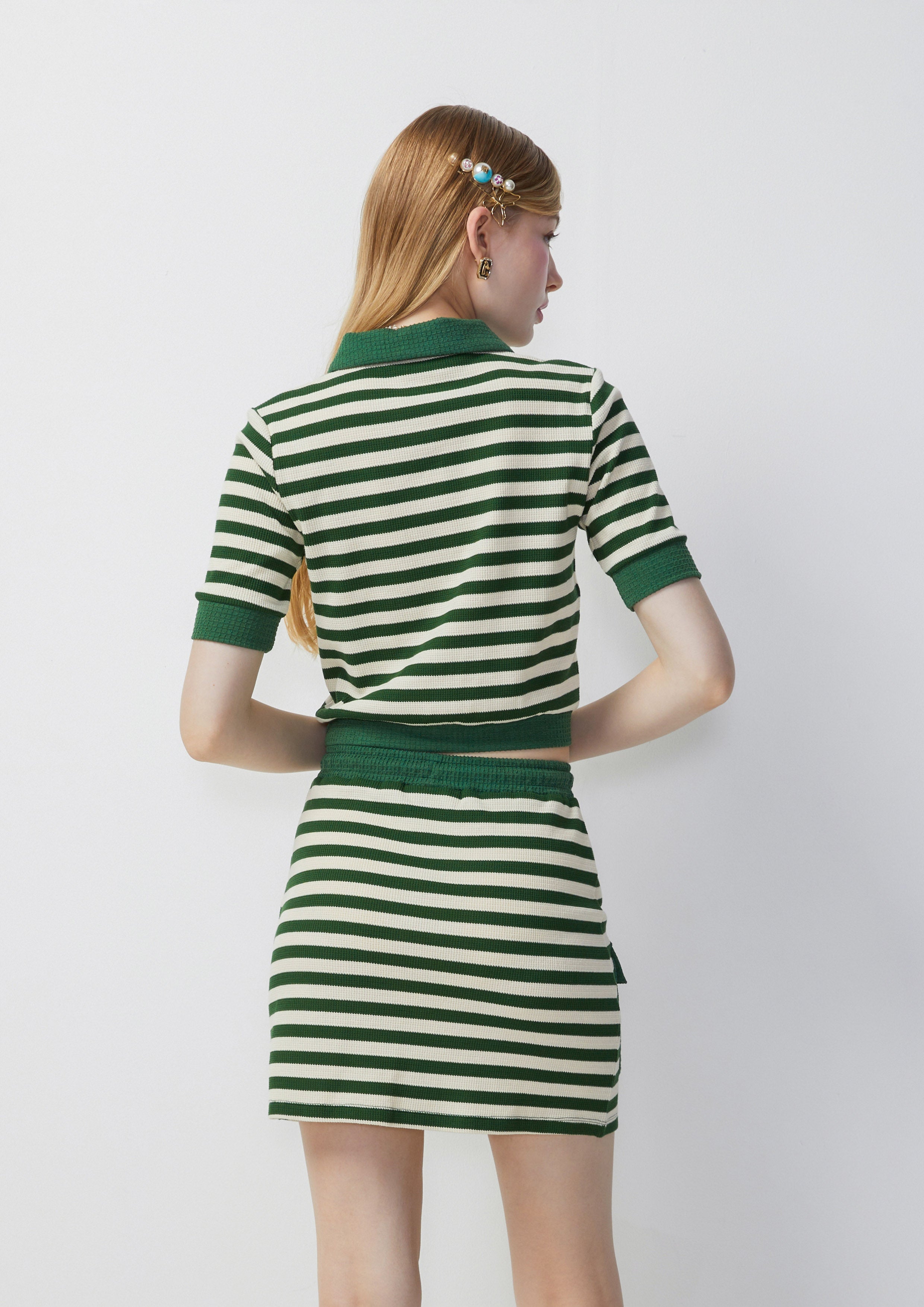 Striped Knit Polo Shirt And Skirt Set Femme Power Collection