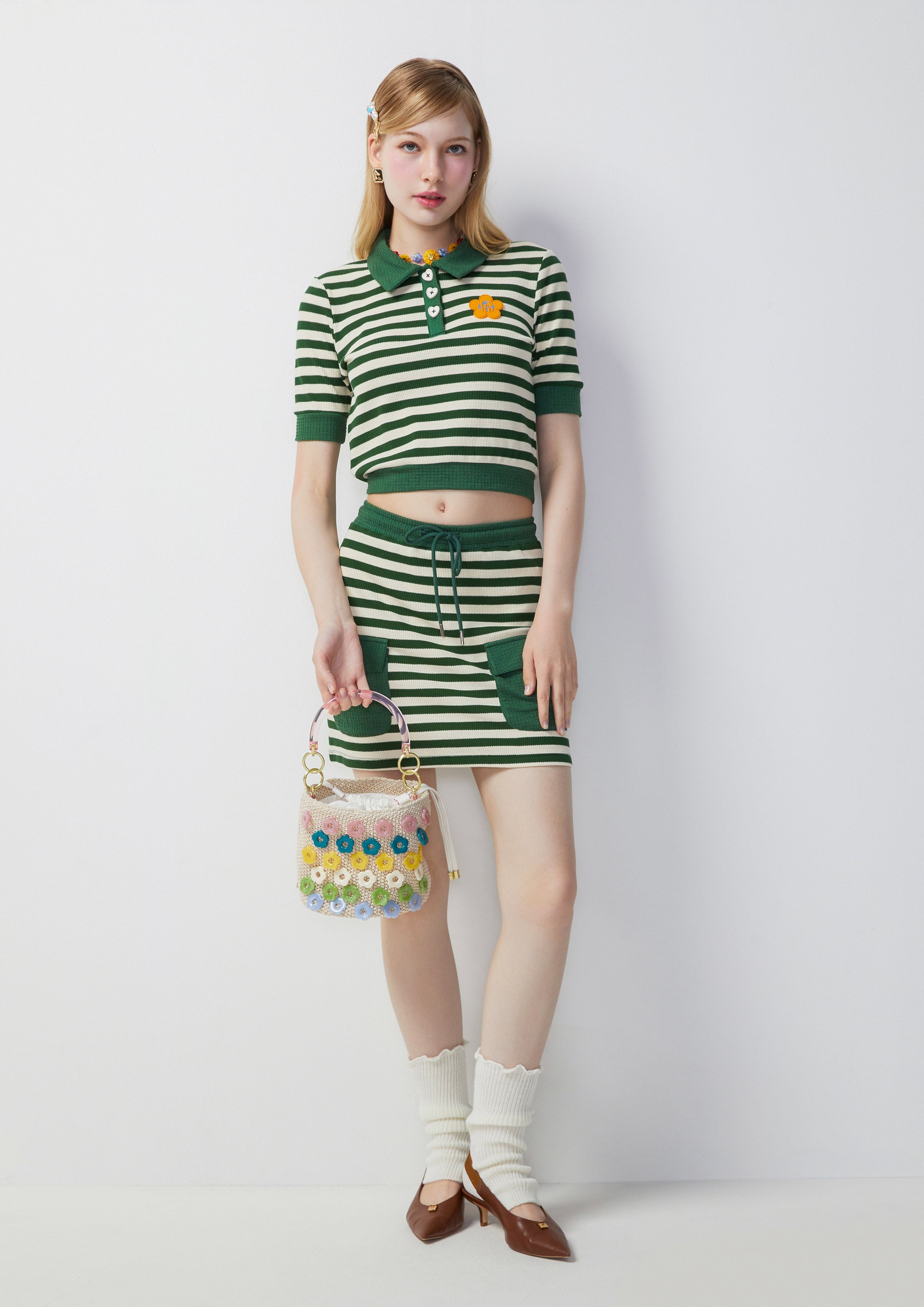 Striped Knit Polo Shirt And Skirt Set Femme Power Collection