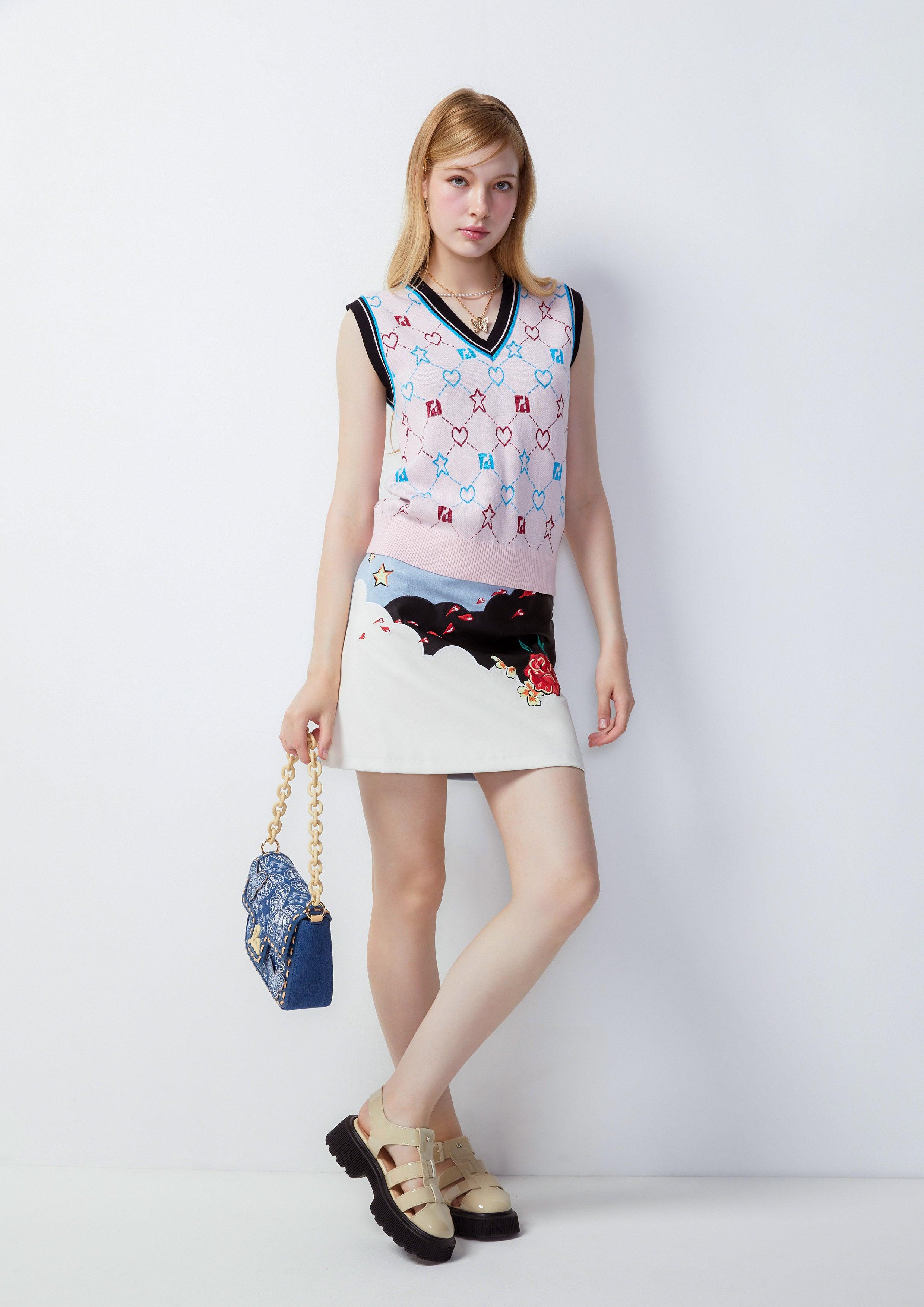 Femme Power Sleeveless Knit Heart And Star Print Top Pink