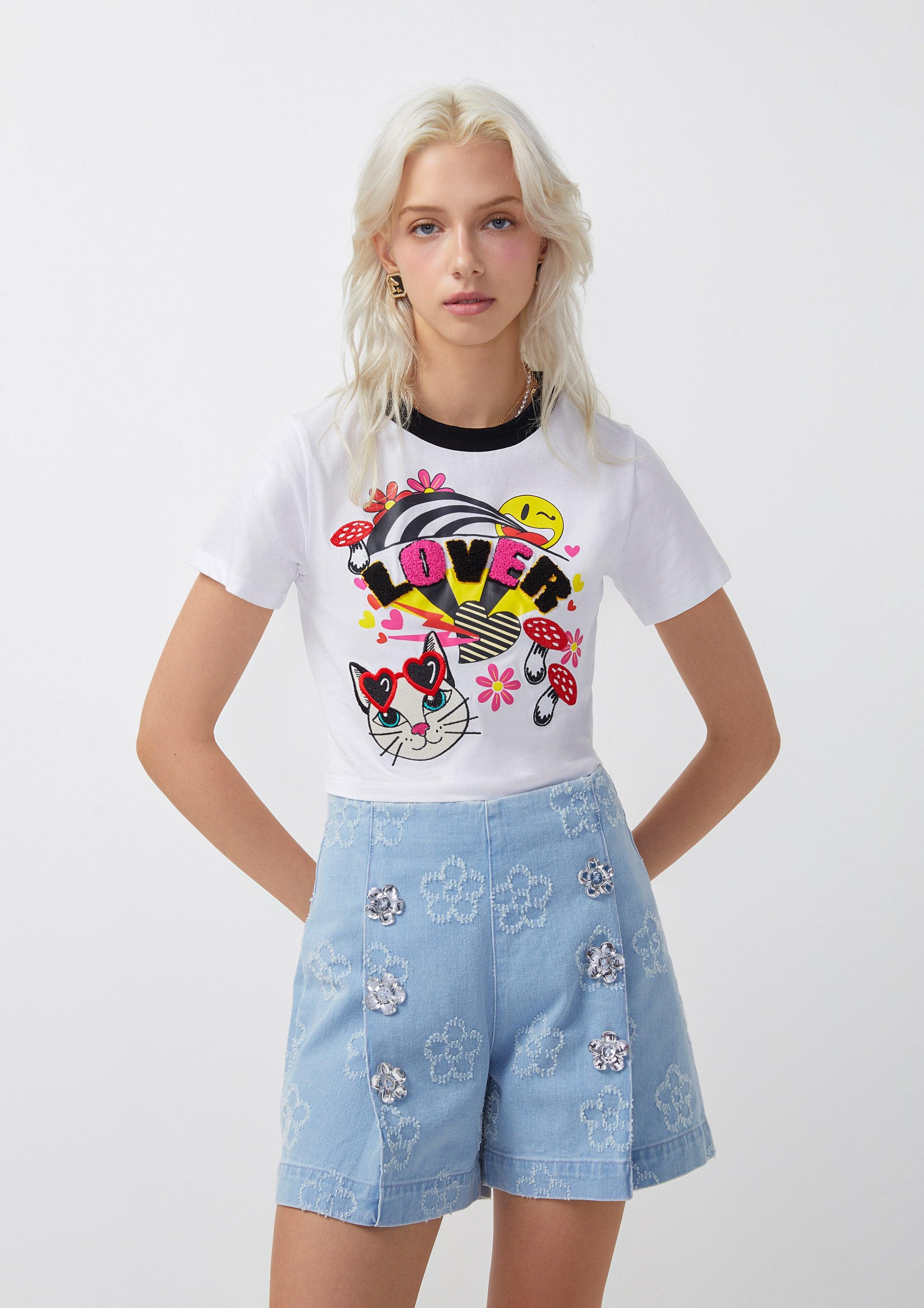 Femme Power Cat Print T-Shirt White