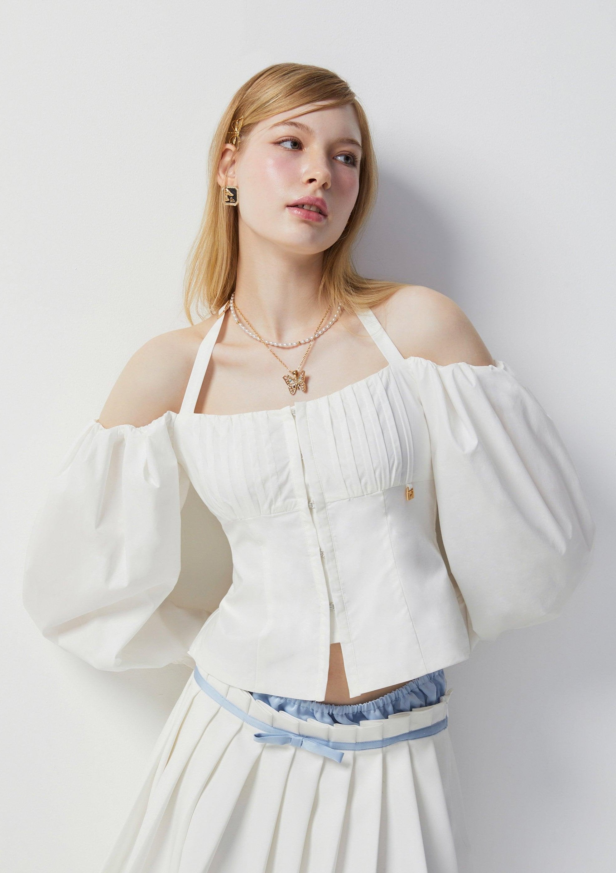 Femme Power Off Shoulder Halter Blouse White